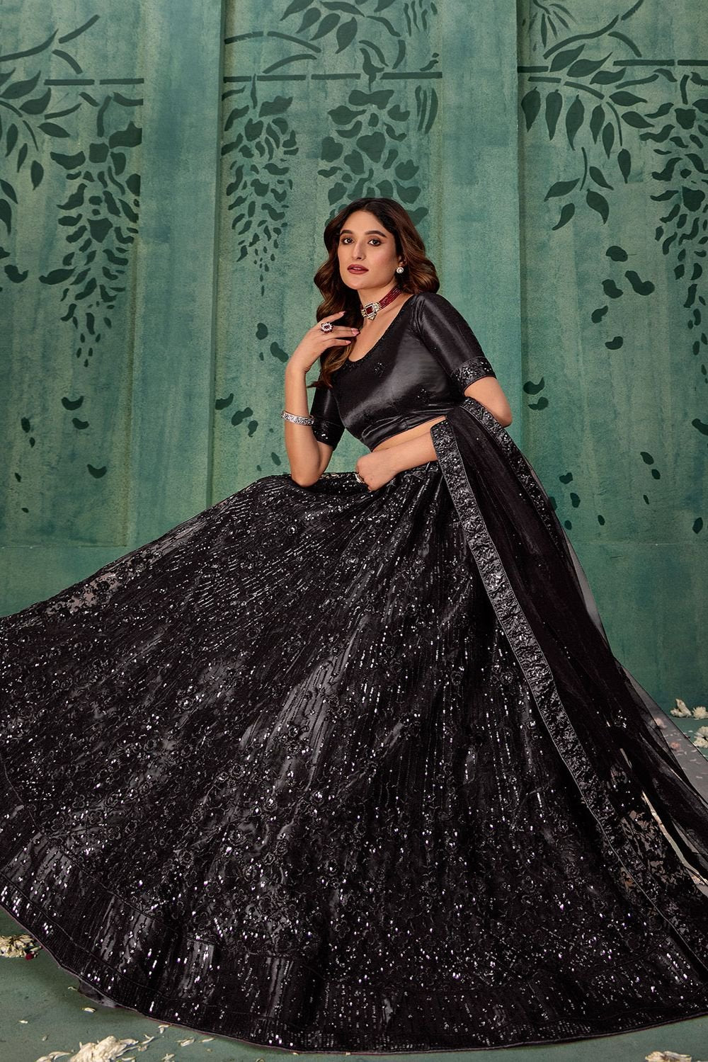 Black Wedding Party Sangeet Net Lehenga Set SFYS143202