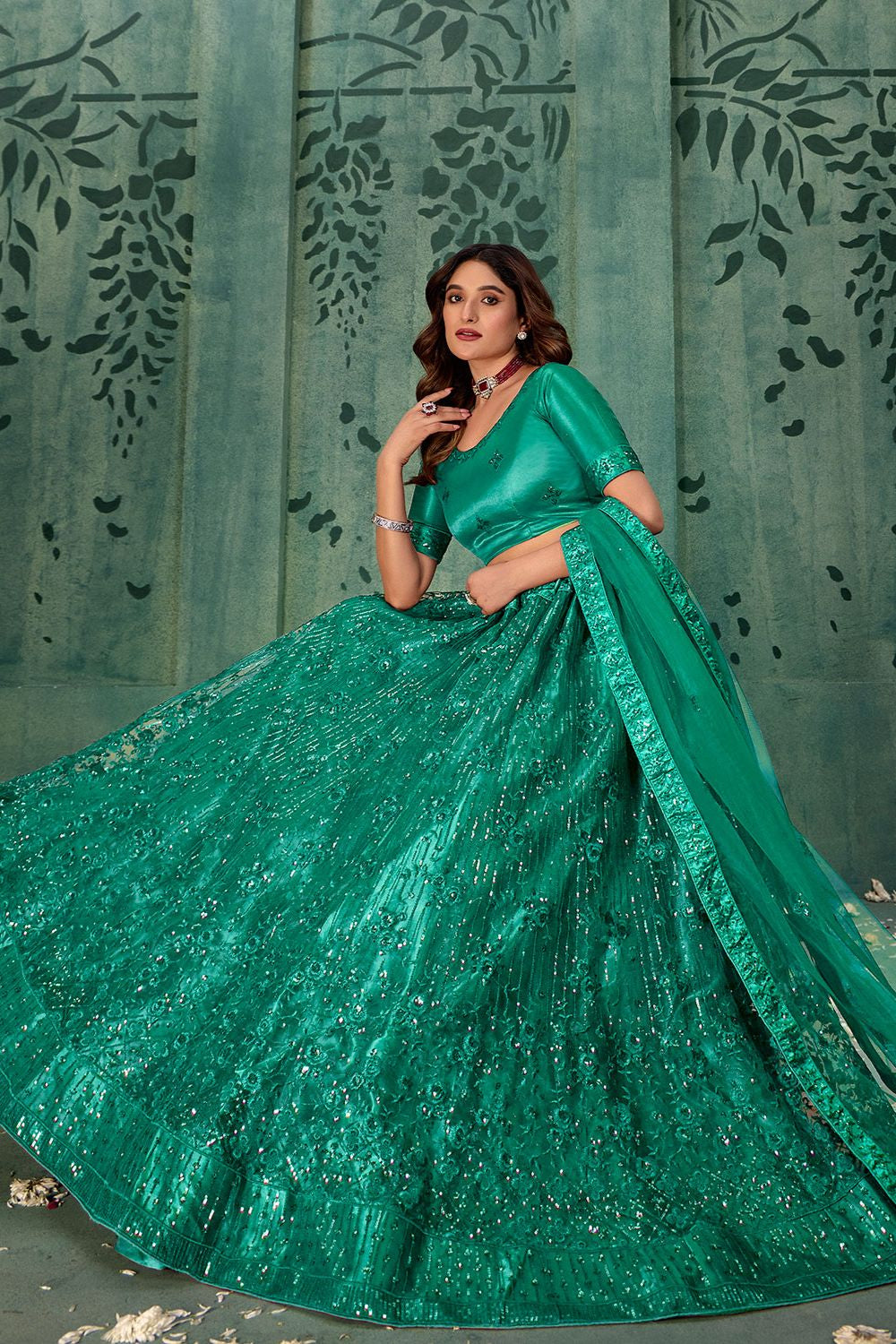 Green Wedding Party Sangeet Net Lehenga Set SFYS143203