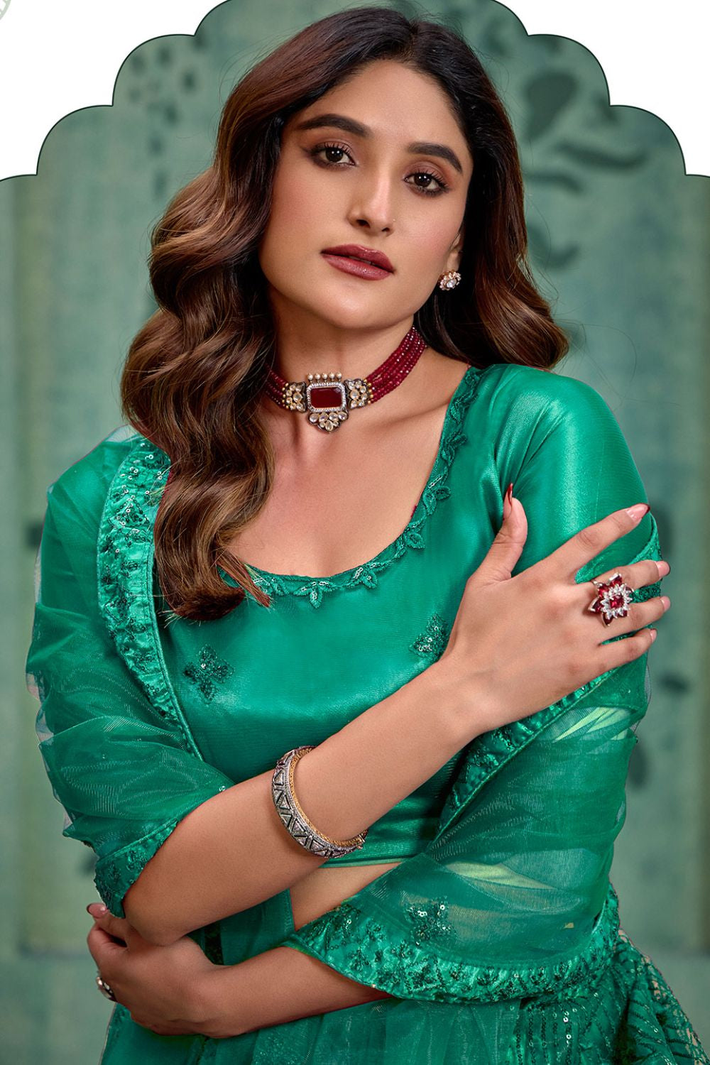 Green Wedding Party Sangeet Net Lehenga Set SFYS143203