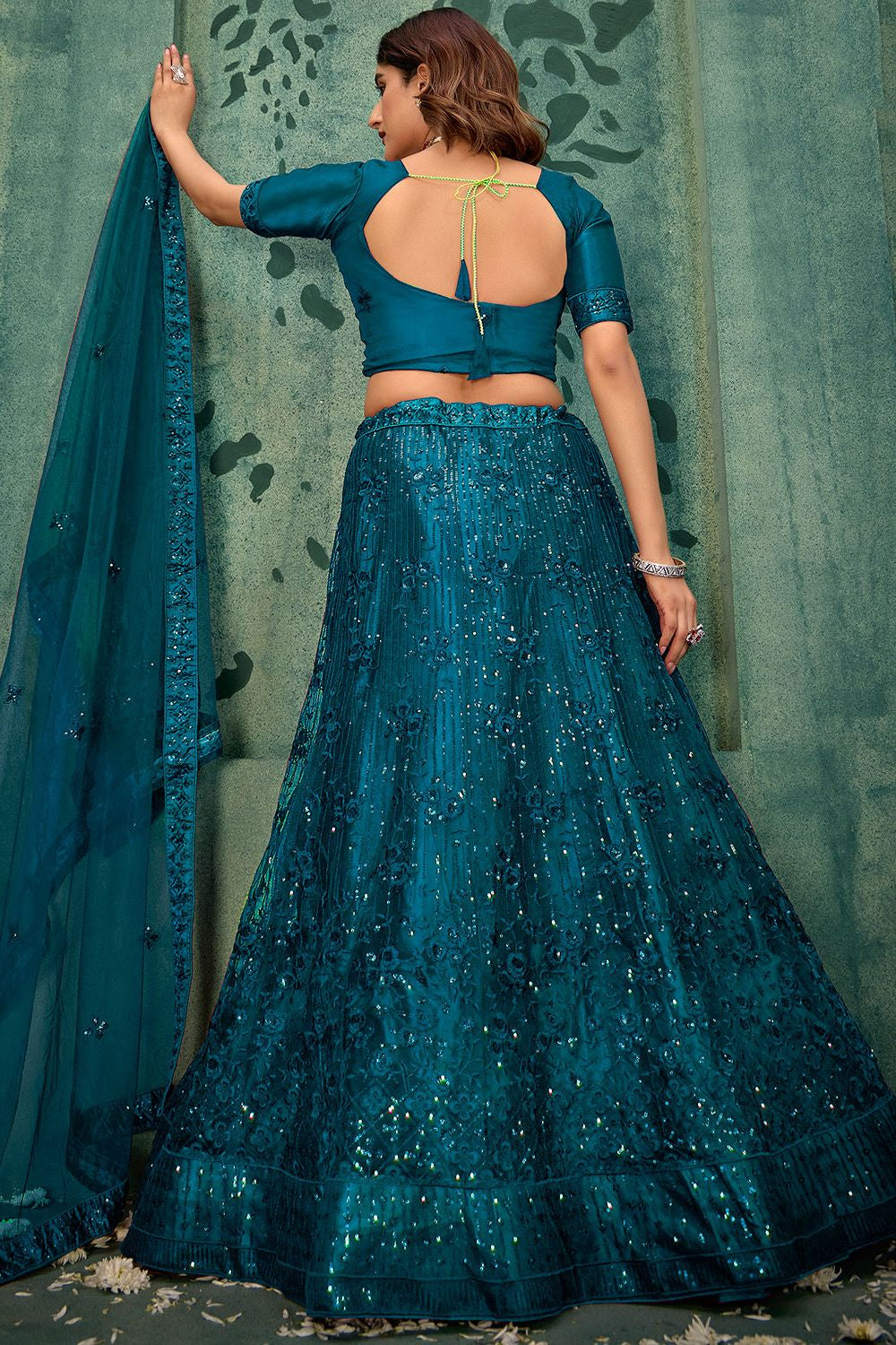 Blue Wedding Party Sangeet Net Lehenga Set SFYS143205