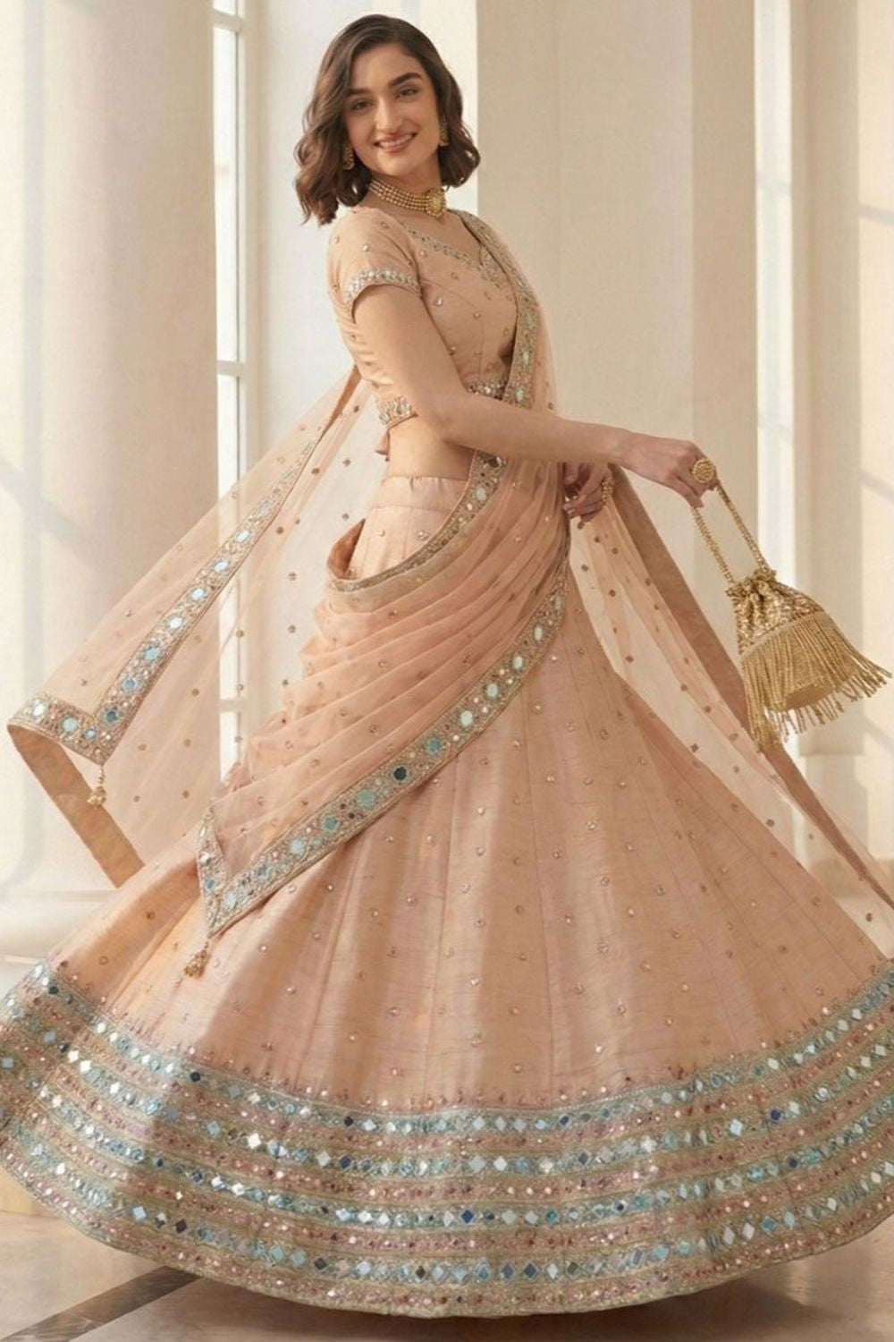 Peach Silk Lehenga Choli - SFSA512903
