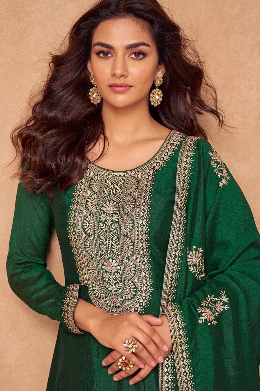 Green Wedding Sangeet Silk Anarkali Suit SFSMT41401