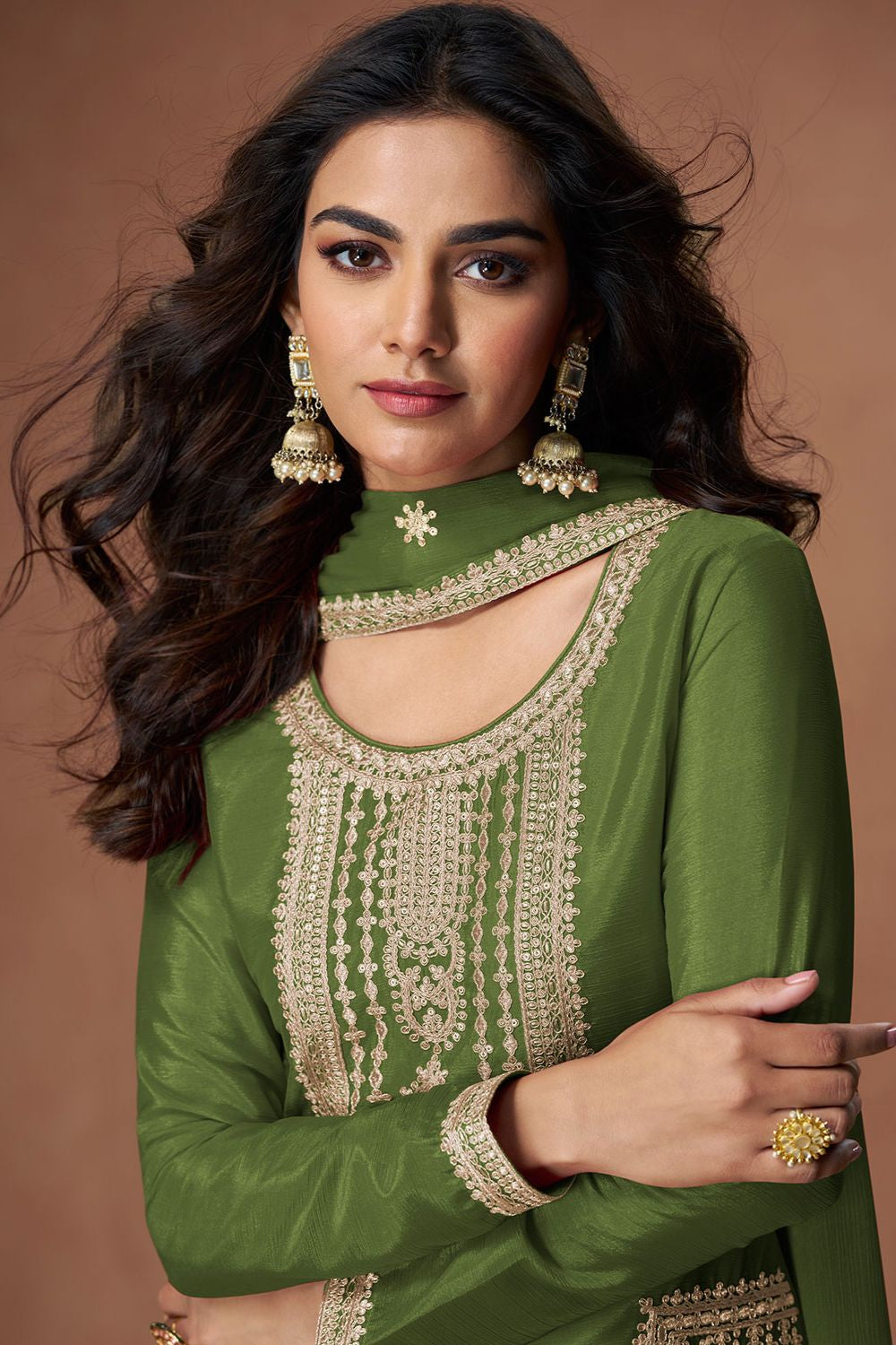 Green Culture-wrapped Chinnon Silk Palazzo Suit SFYS155902R