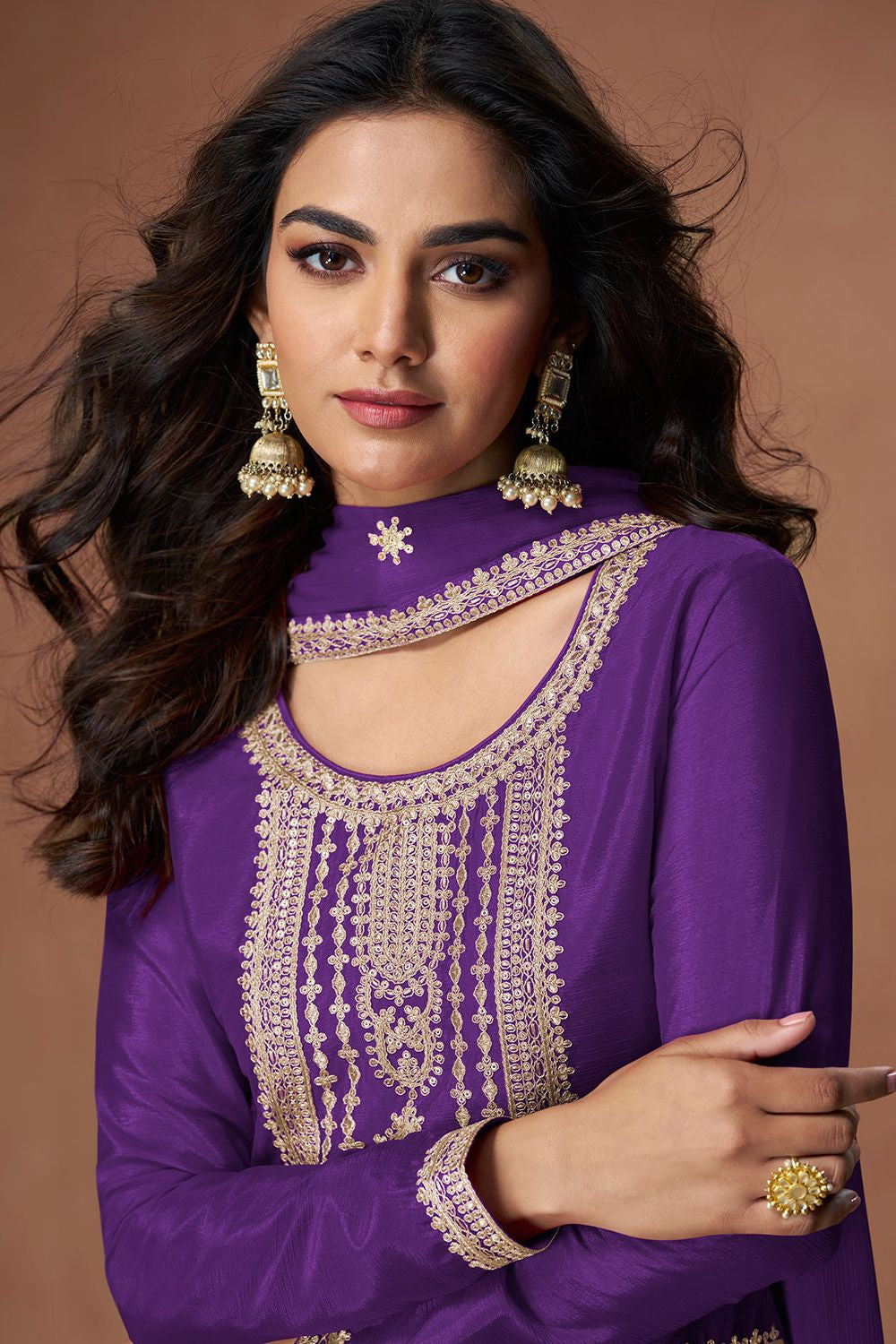 Purple Culture-wrapped Chinnon Silk Palazzo Suit SFYS155903R