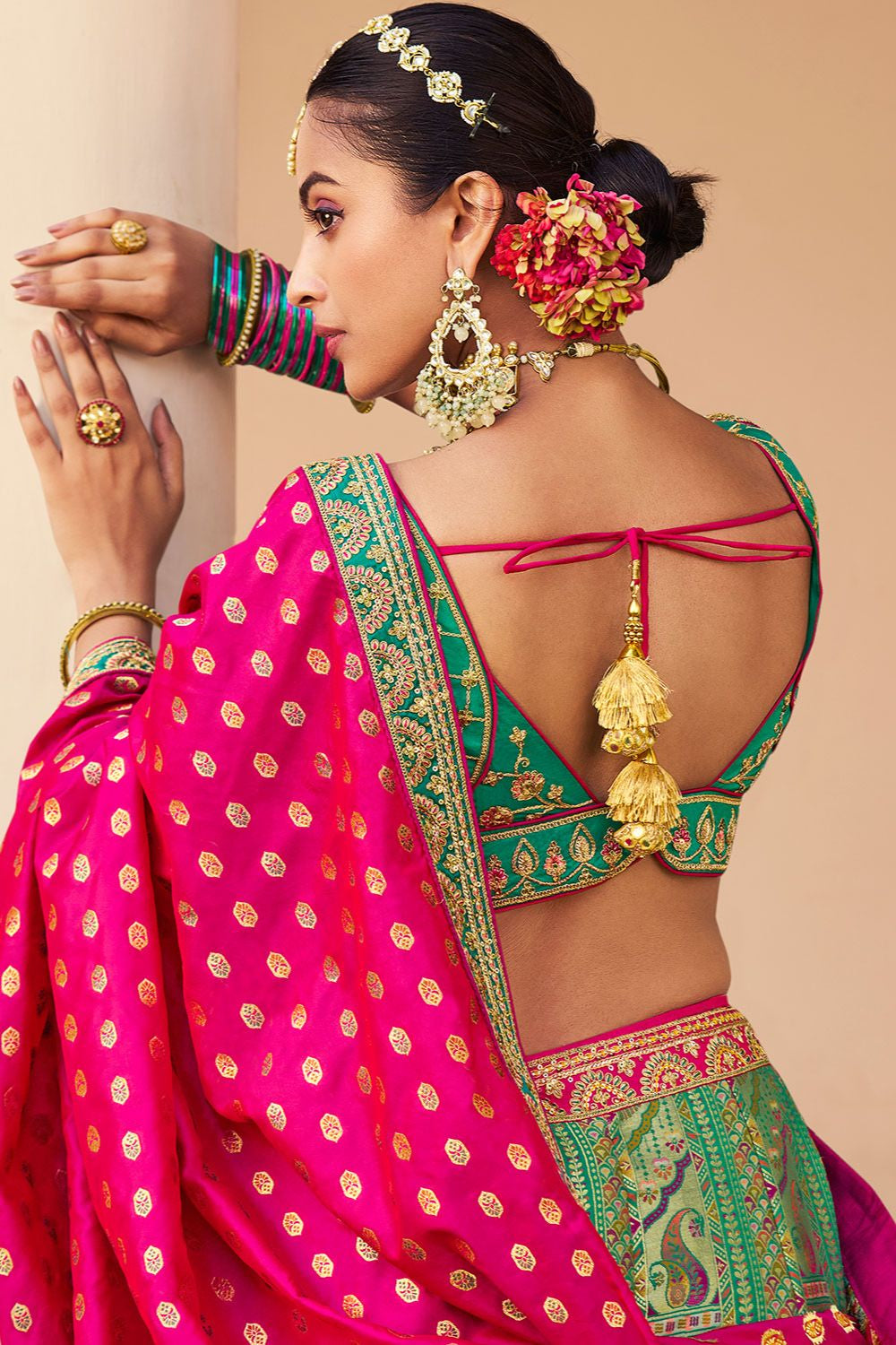 Green Banarasi Bridal Lehenga Choli In Zarkan Cut Work SFSJDN30802