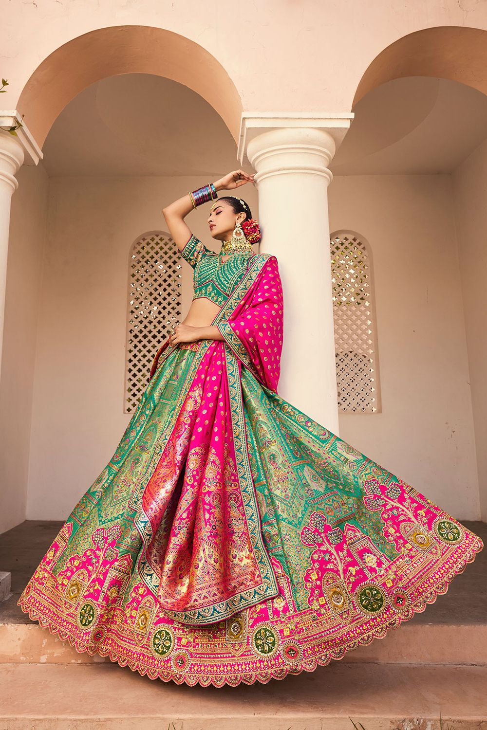 Green Banarasi Bridal Lehenga Choli In Zarkan Cut Work SFSJDN30802
