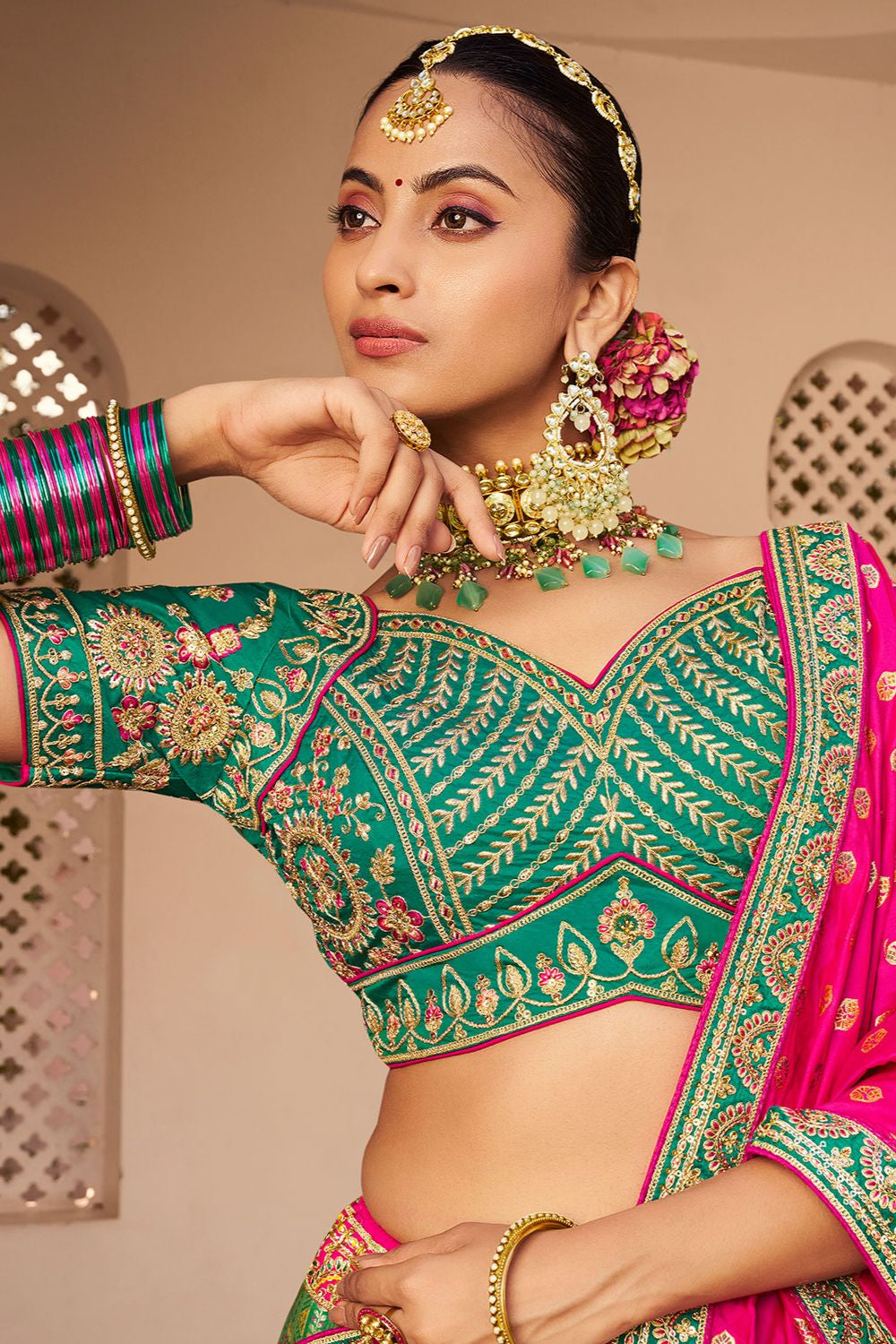 Green Banarasi Bridal Lehenga Choli In Zarkan Cut Work SFSJDN30802
