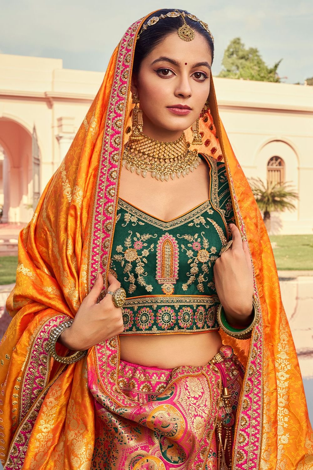 Golden Banarasi Bridal Lehenga Choli In Zarkan Cut Work SFSJDN30804