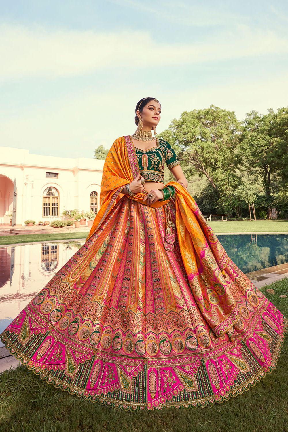 Golden Banarasi Bridal Lehenga Choli In Zarkan Cut Work SFSJDN30804