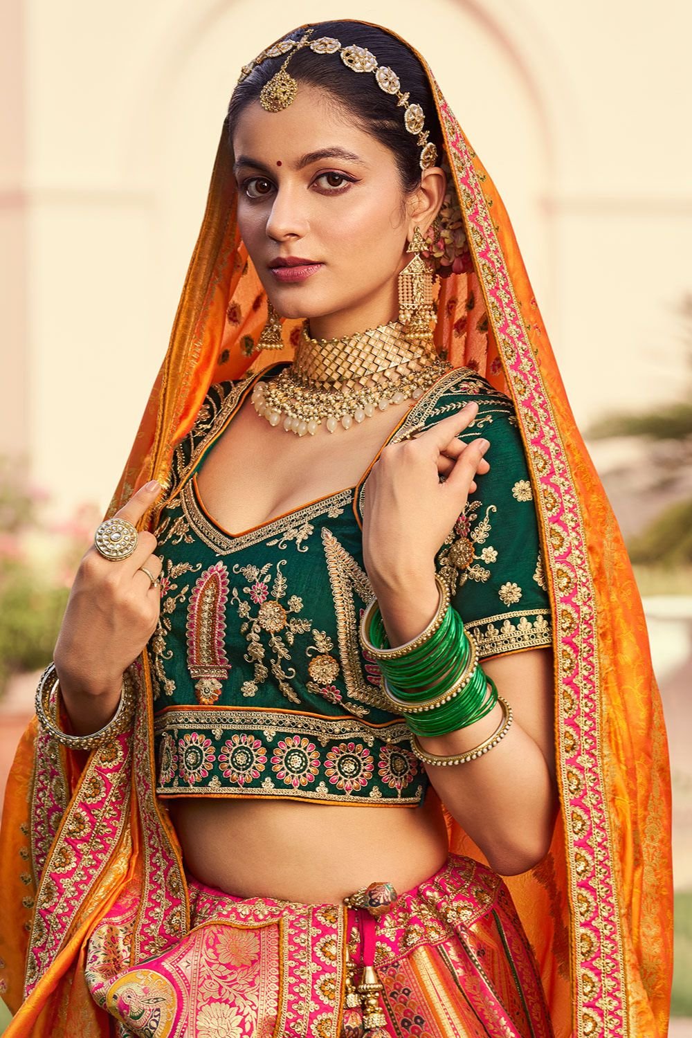 Golden Banarasi Bridal Lehenga Choli In Zarkan Cut Work SFSJDN30804