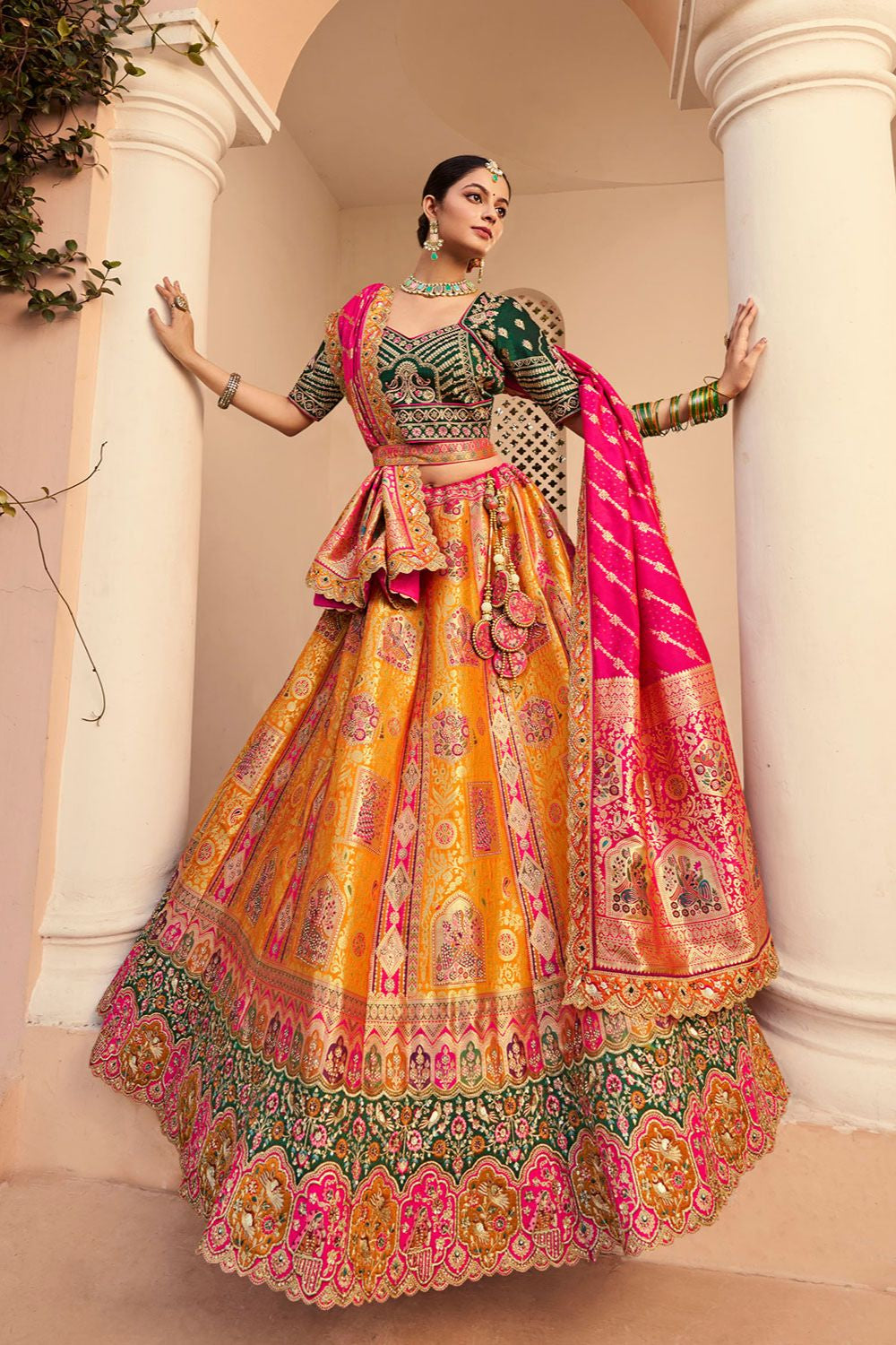 Yellow Banarasi Bridal Lehenga Choli In Zarkan Cut Work SFSJDN30806
