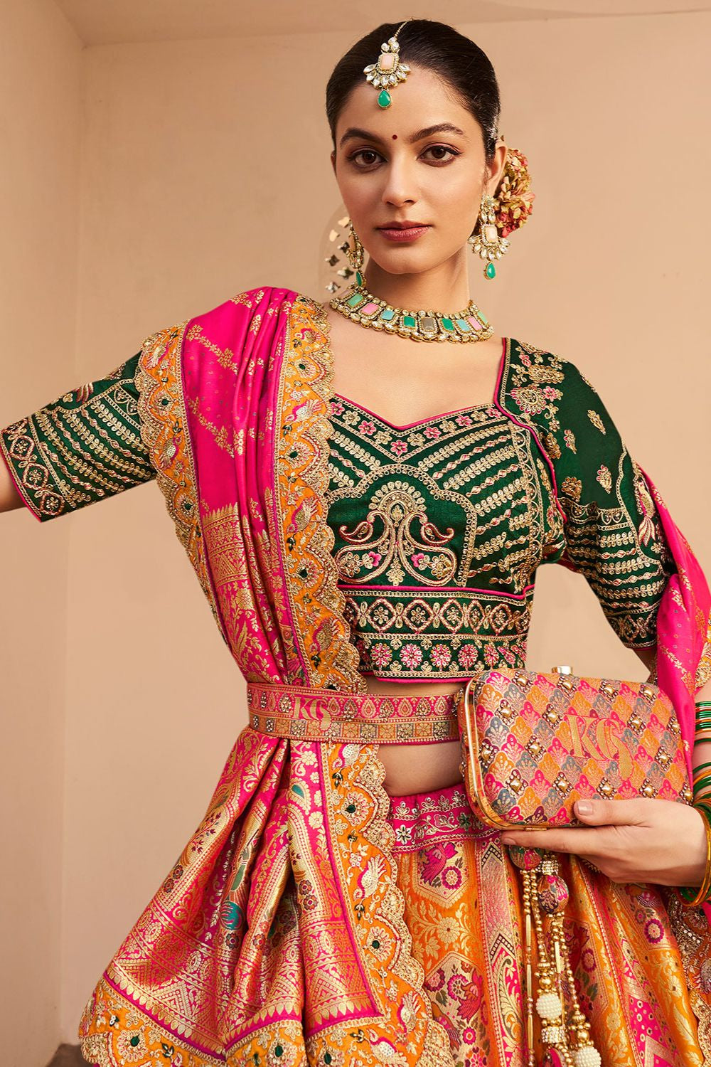 Yellow Banarasi Bridal Lehenga Choli In Zarkan Cut Work SFSJDN30806
