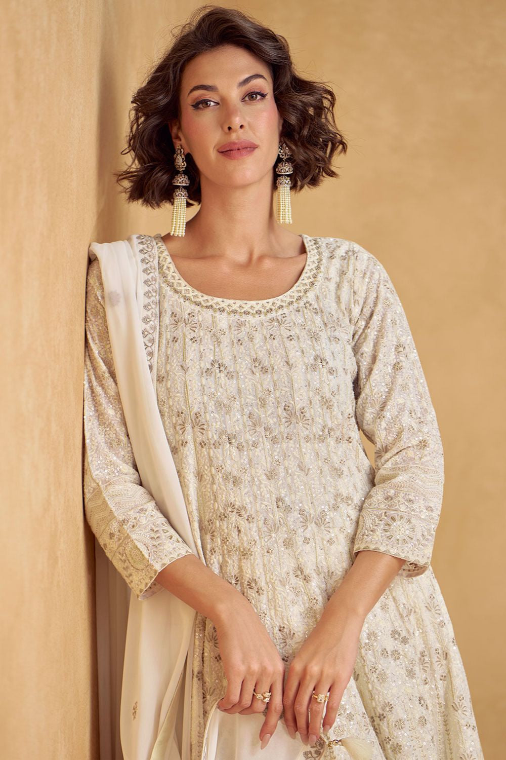 White Georgette Palazzo Suit With Sequins Embroidery SFYS152602R
