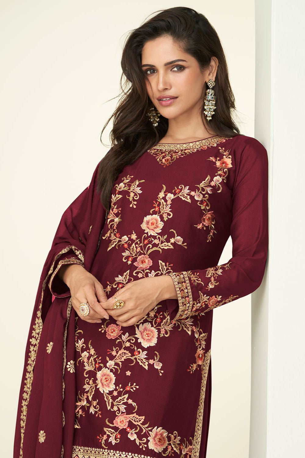 Maroon Silk Sangeet Palazzo Suit Ready To Wear SFSMT51004R