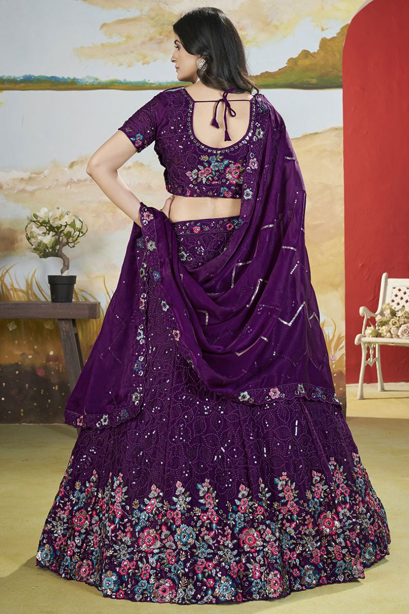 Burgundy Chinnon Wedding Party Lehenga In Flower Pattern SFANJ2945