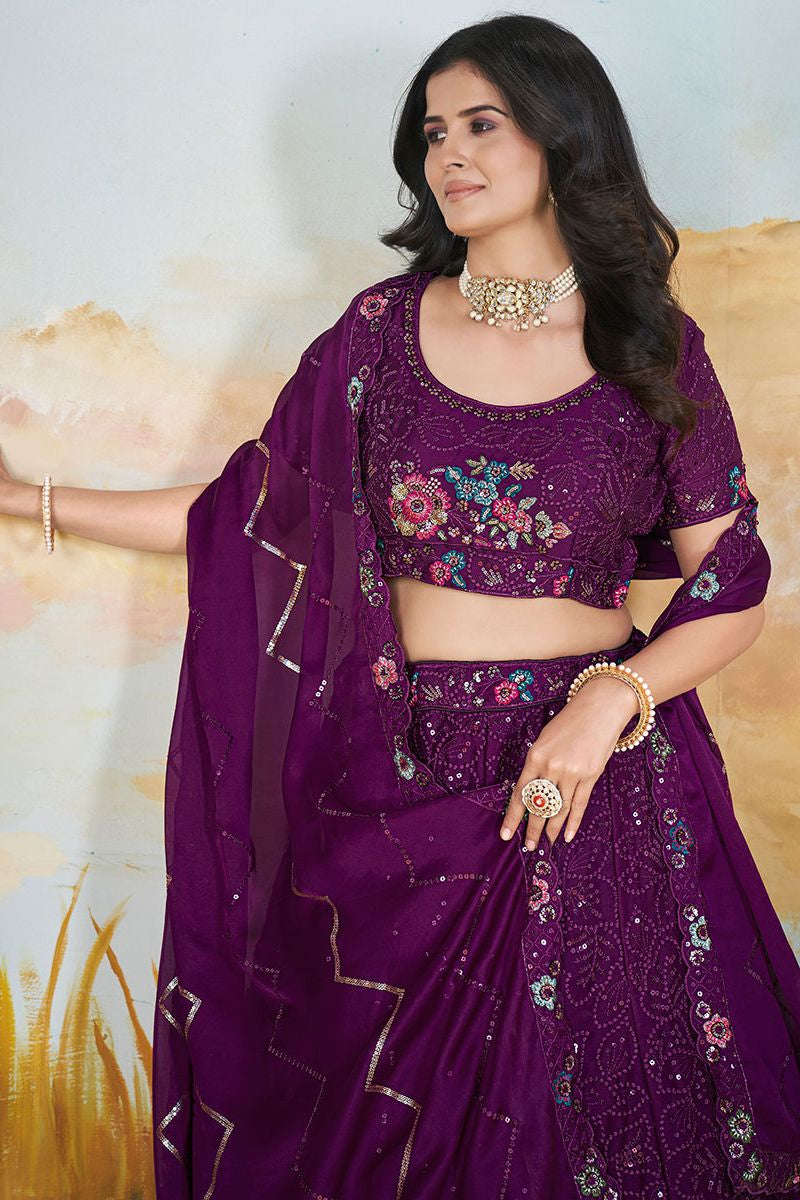 Burgundy Chinnon Wedding Party Lehenga In Flower Pattern SFANJ2945