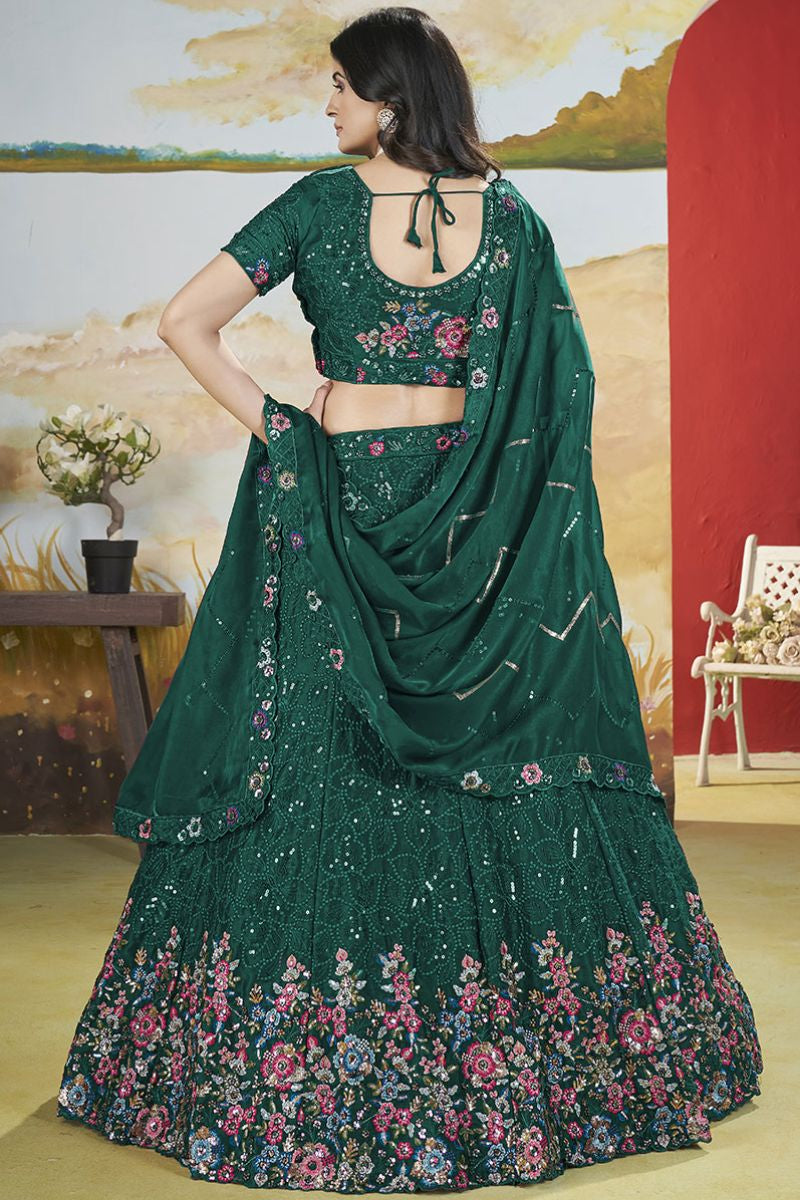 Green Chinnon Wedding Party Lehenga In Flower Pattern SFANJ2948