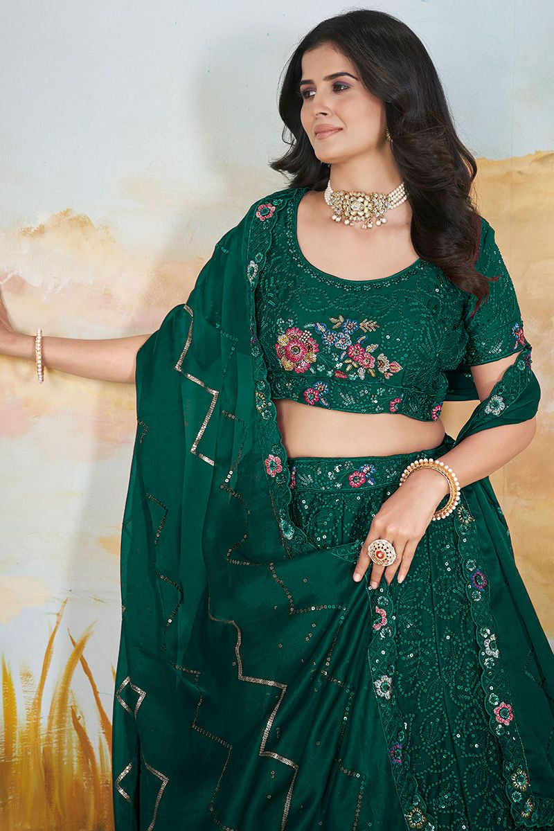 Green Chinnon Wedding Party Lehenga In Flower Pattern SFANJ2948