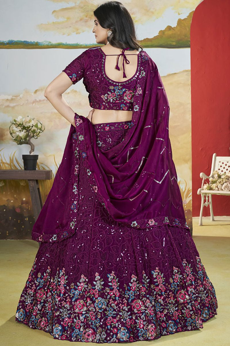 Magenta Chinnon Wedding Party Lehenga In Flower Pattern SFANJ2949