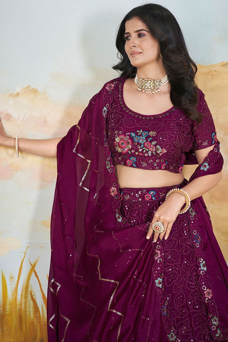 Magenta Chinnon Wedding Party Lehenga In Flower Pattern SFANJ2949