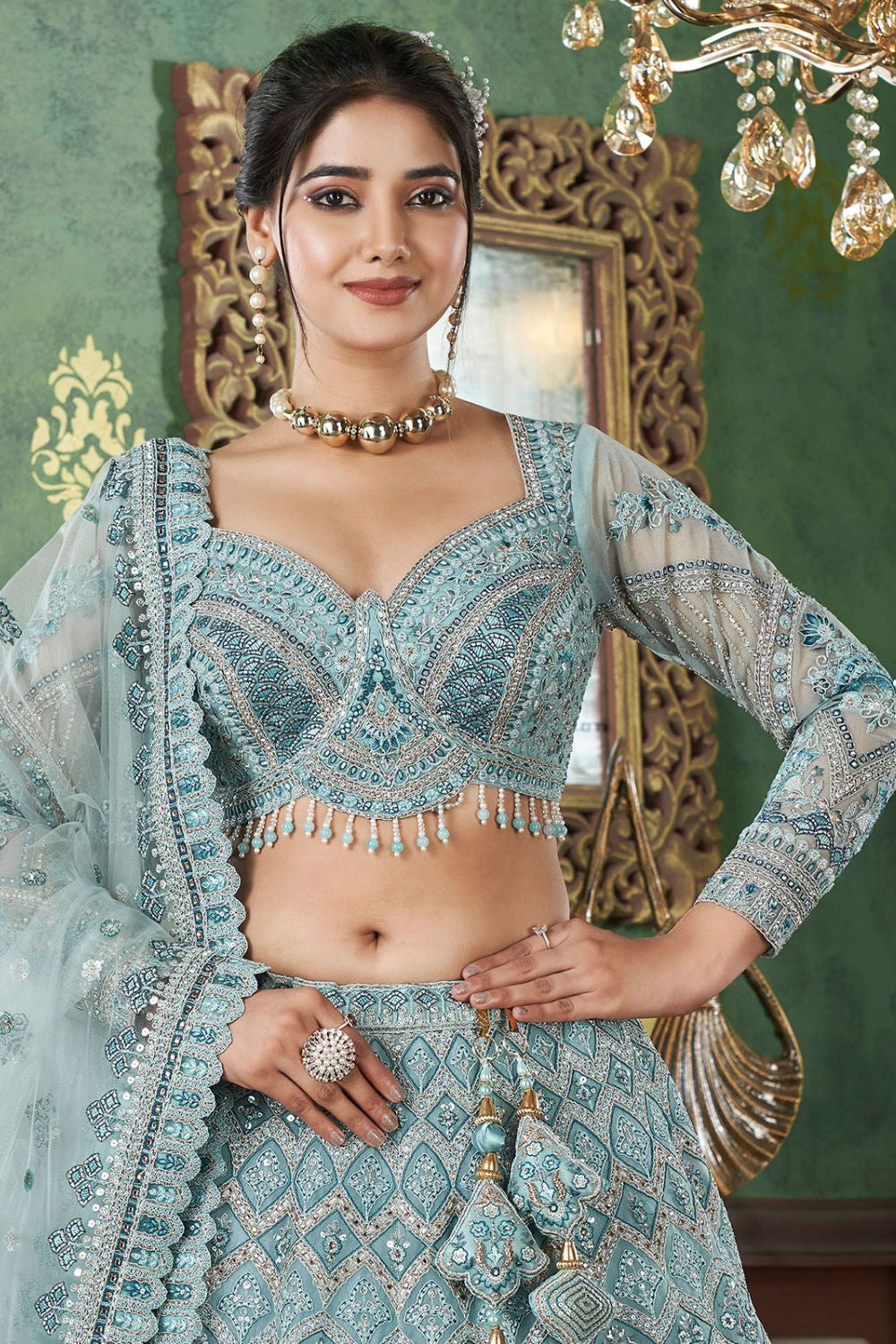 Blue Net Bridal Engagement Lehenga Choli SFRELS3502R