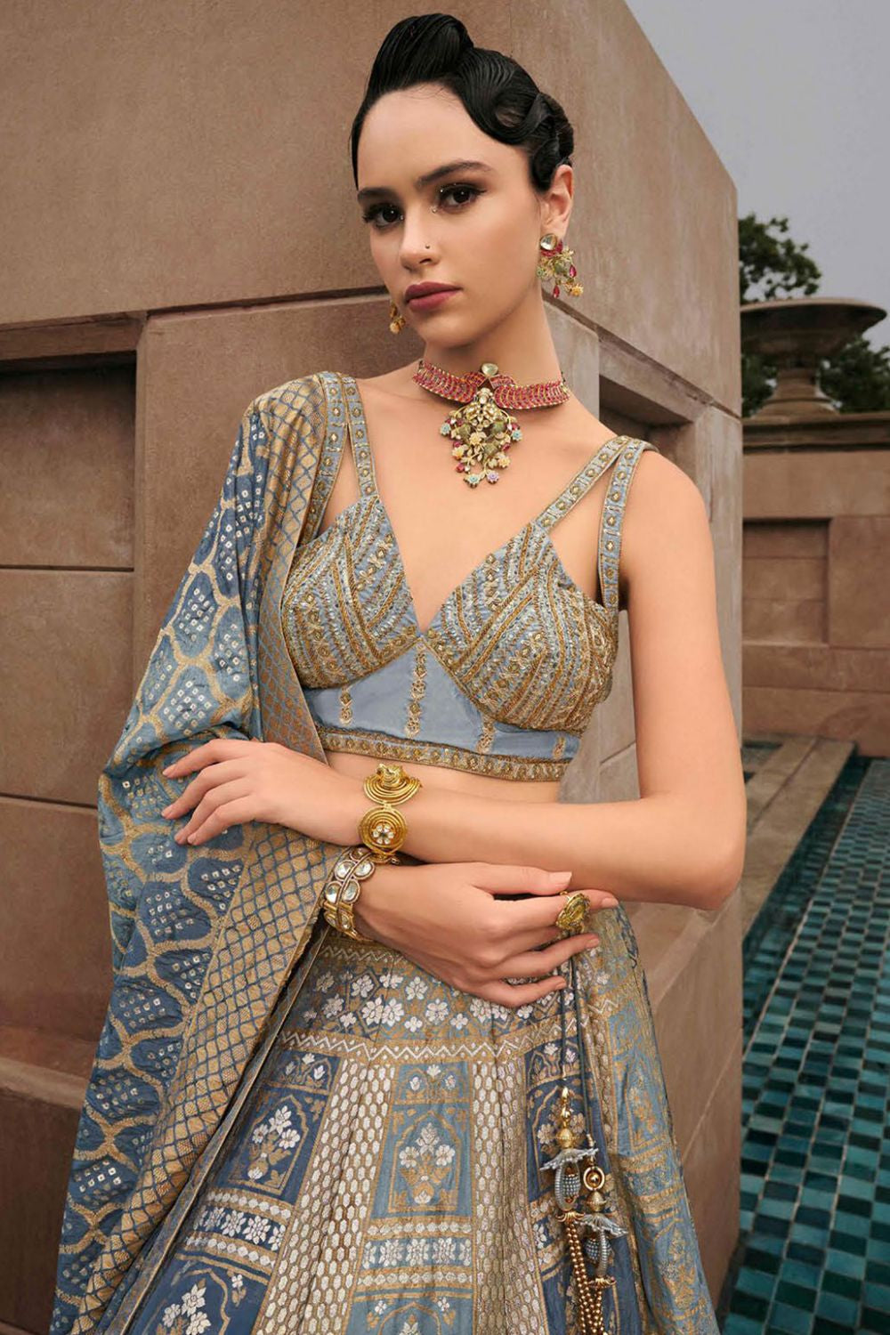 Pewter Grey Silk Designer Lehenga Set SFSA480904R