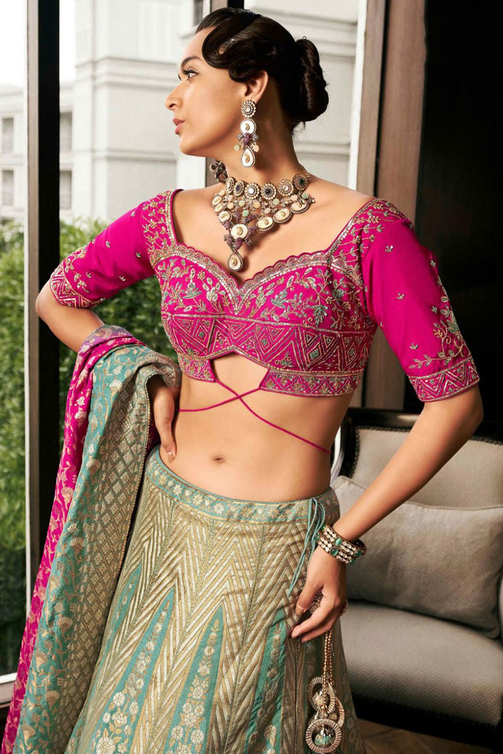 Pink Sage Green Silk Designer Lehenga Set SFSA480907R