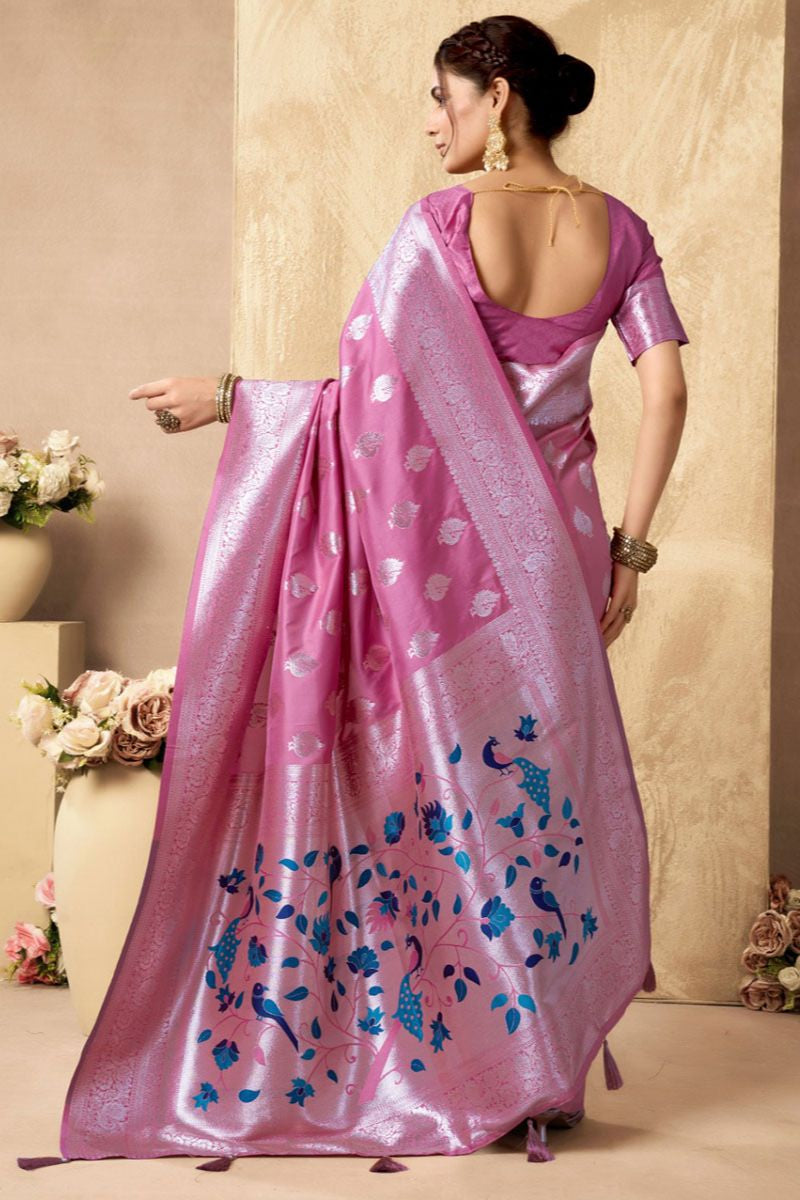 Pink Silk Peacock Print Pallu Saree With Blouse SFSA501901