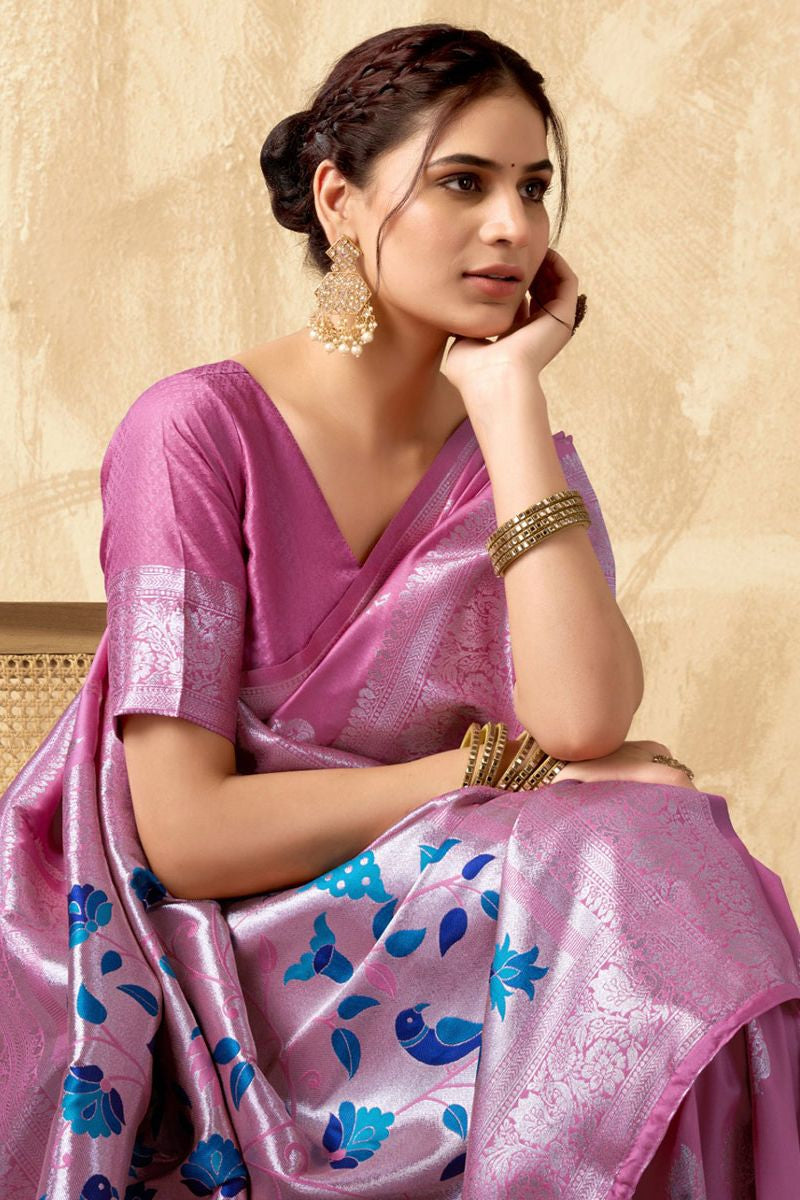 Pink Silk Peacock Print Pallu Saree With Blouse SFSA501901