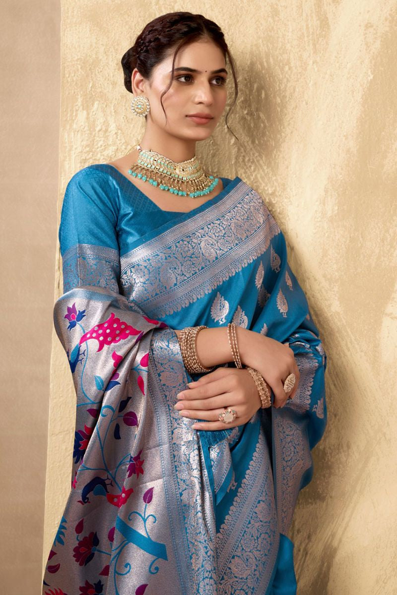 Blue Silk Peacock Print Pallu Saree With Blouse SFSA501902