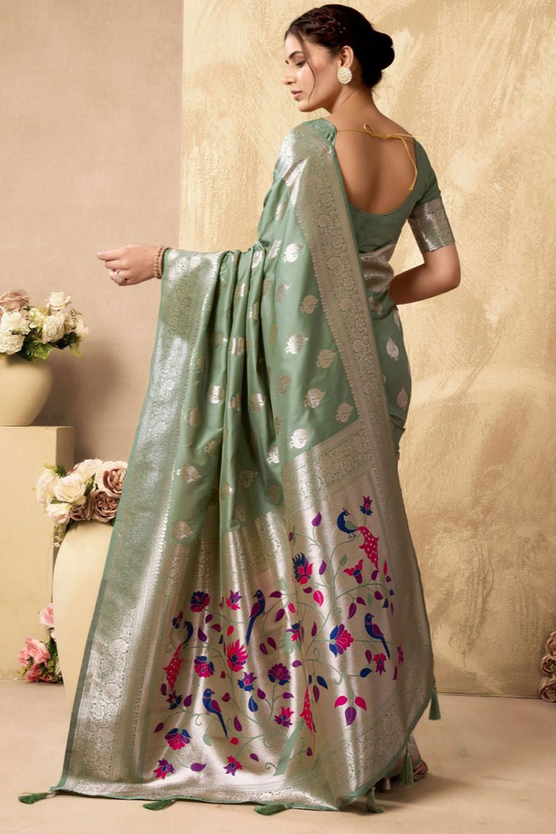 Green Silk Peacock Print Pallu Saree With Blouse SFSA501903