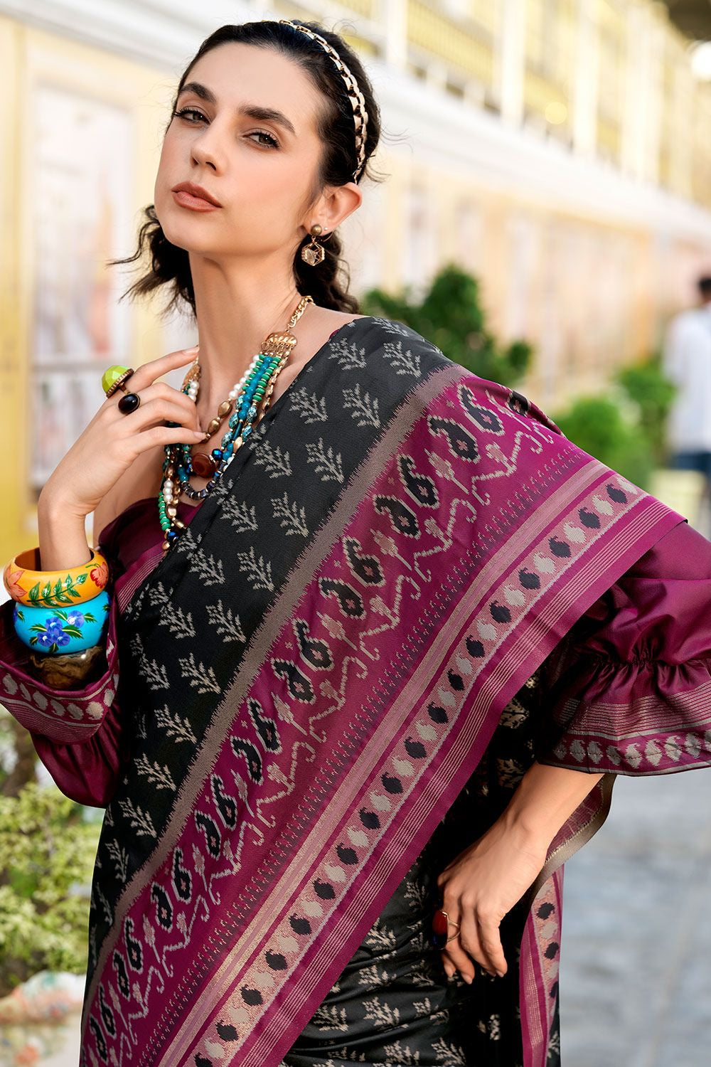 Black Soft Silk Print Casual Saree SFSJDN30605