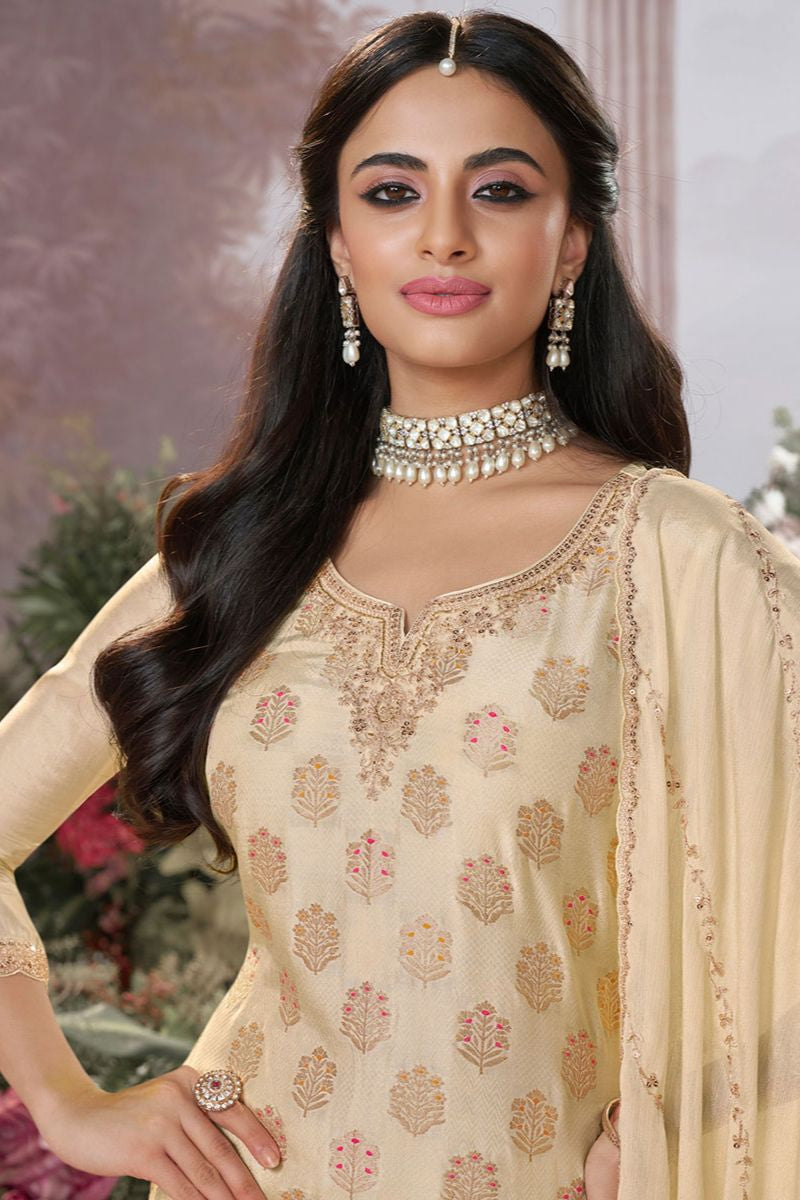 Off White Dola Silk Salwar Kameez - SFVNF2114R