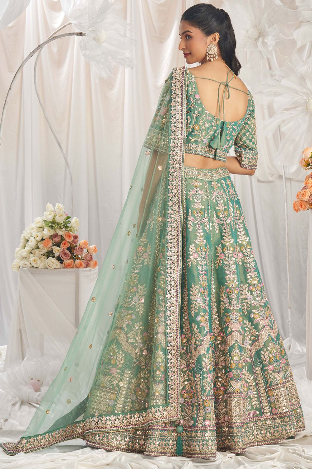 Green Bridal Wedding Lehenga Choli In Tissue Net SFROY522459