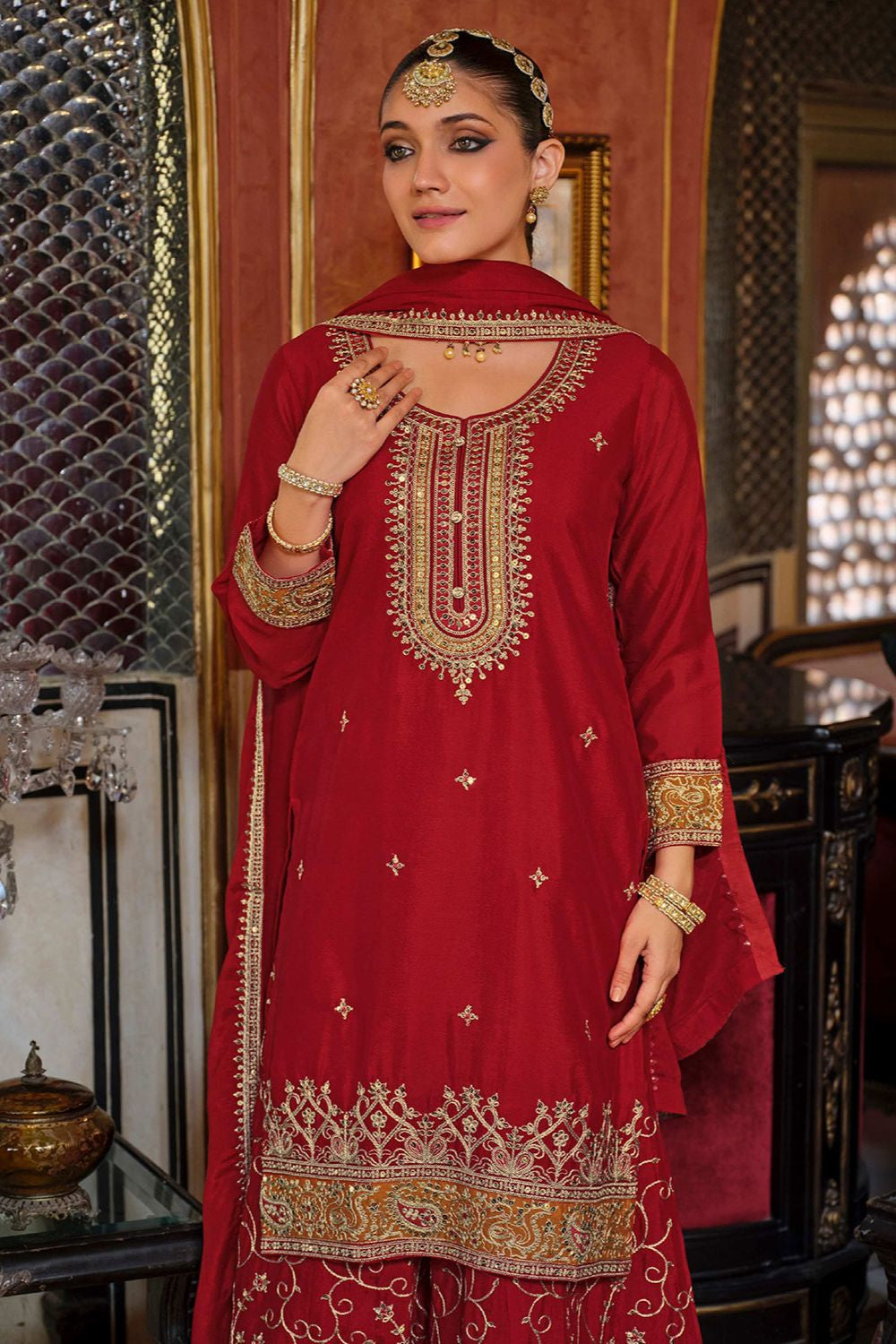 Red Wedding Sangeet Party Chinnon Palazzo Suit SFFK32401R