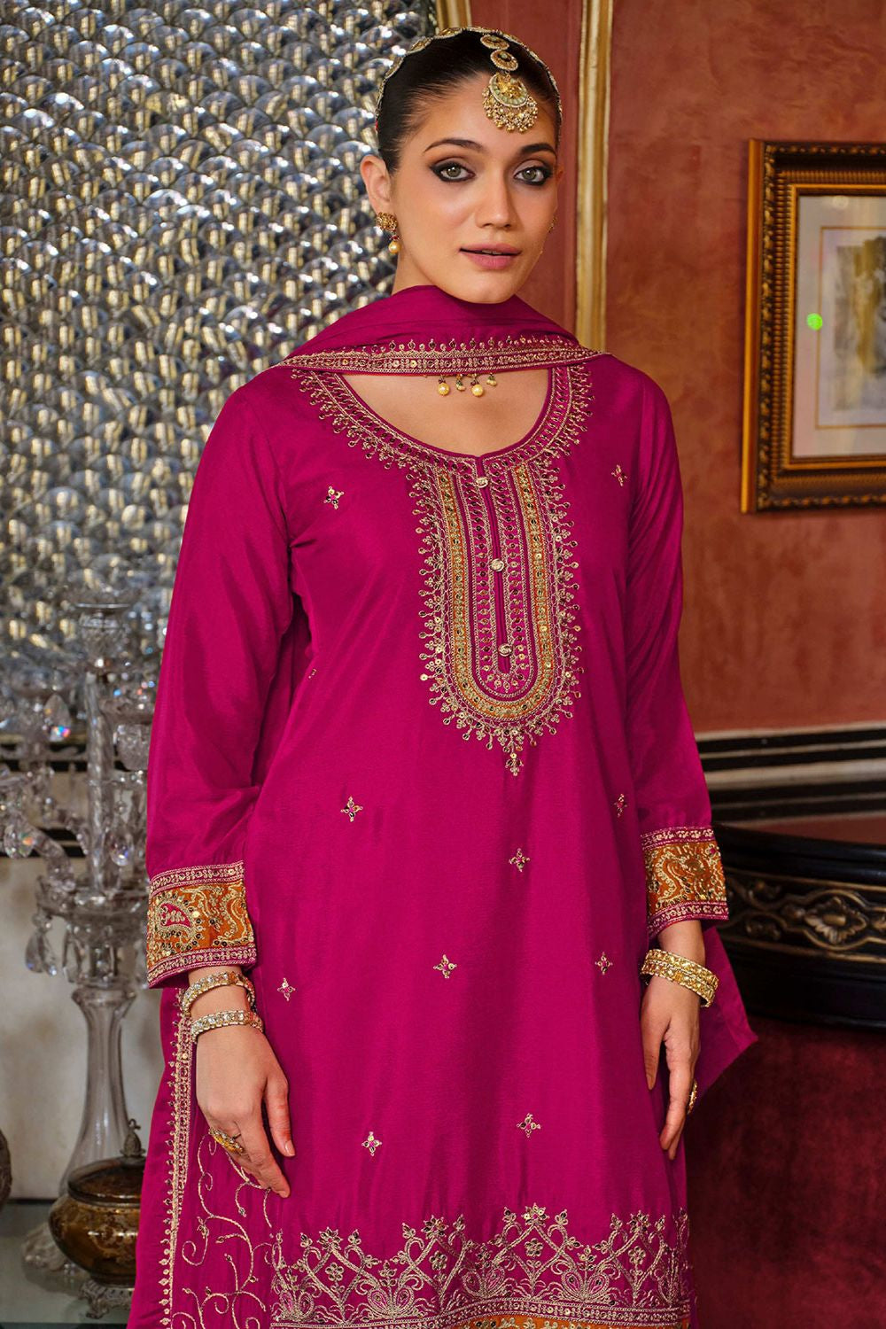 Pink Wedding Sangeet Party Chinnon Palazzo Suit SFFK32402R