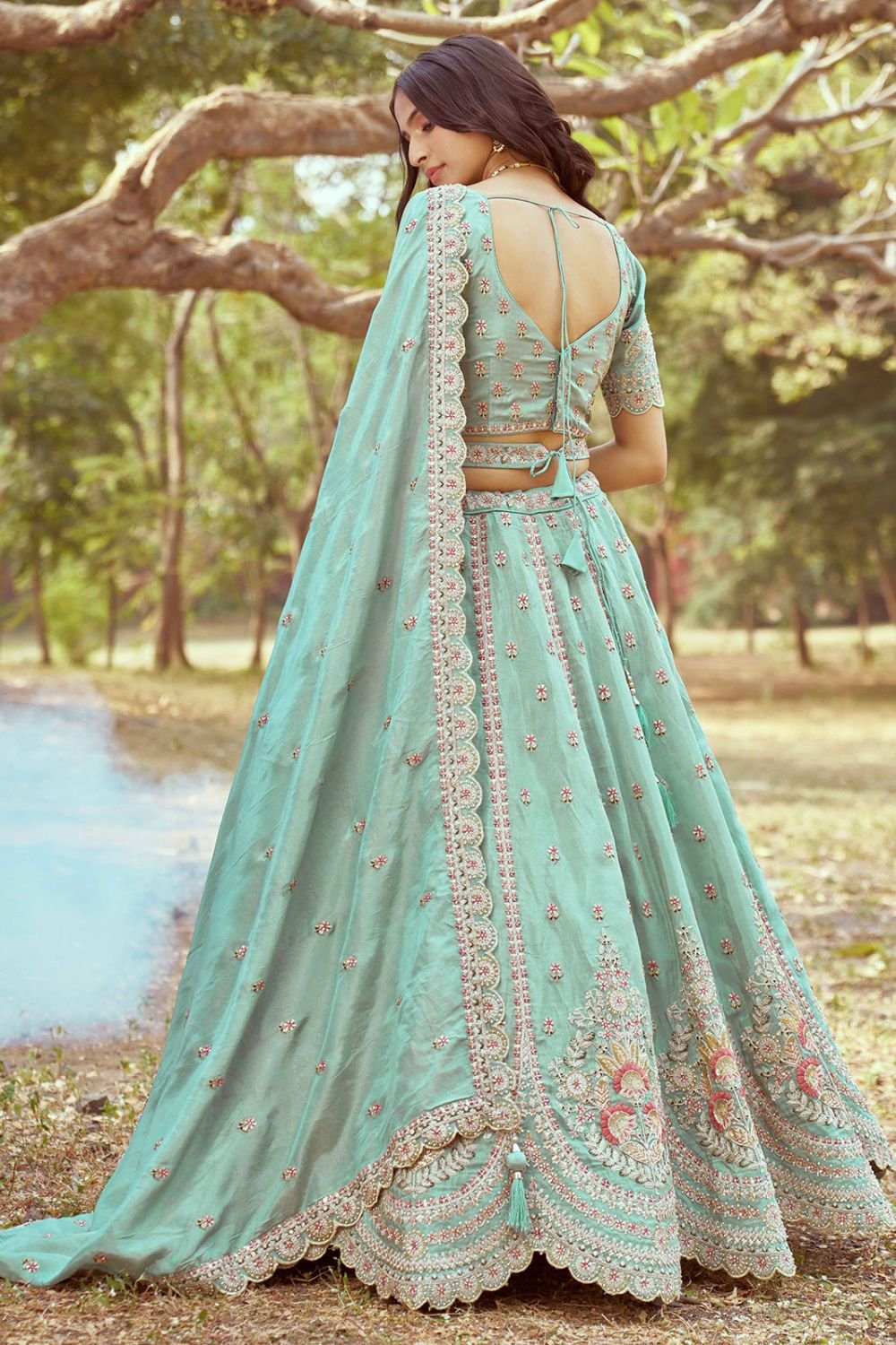Green Tissue Silk Wedding Reception Lehenga Choli SFROY522477