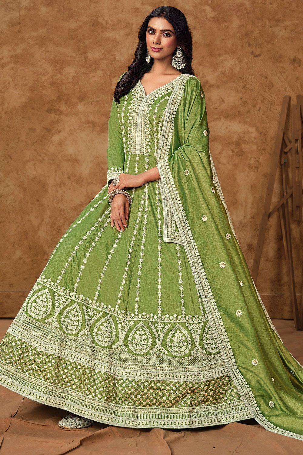 Green Dola Silk Anarkali Suit Sequins Embroidery Work SFDFS33402R