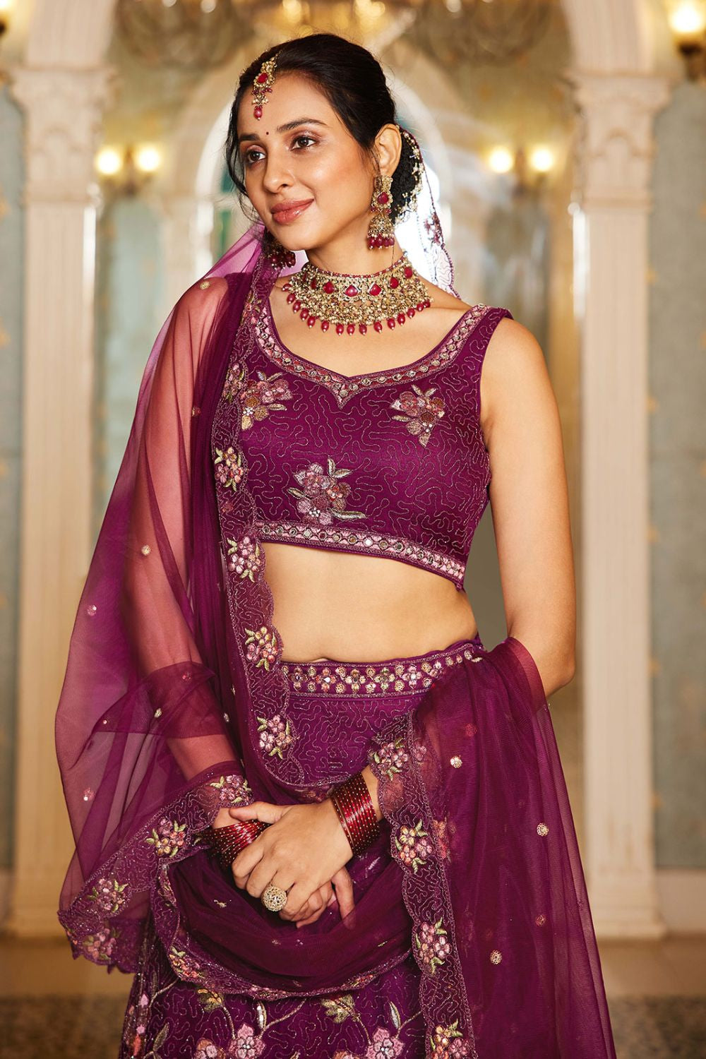 Burgundy Net Wedding Lehenga With Zari Work SFROY509017