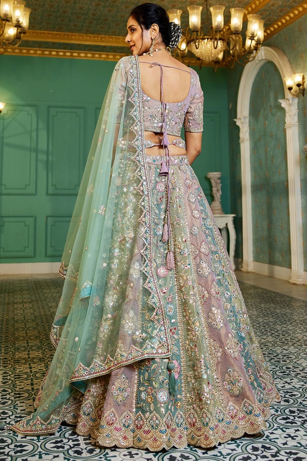 Elevated Peach Net Bridal Wedding Lehenga SFROY509101