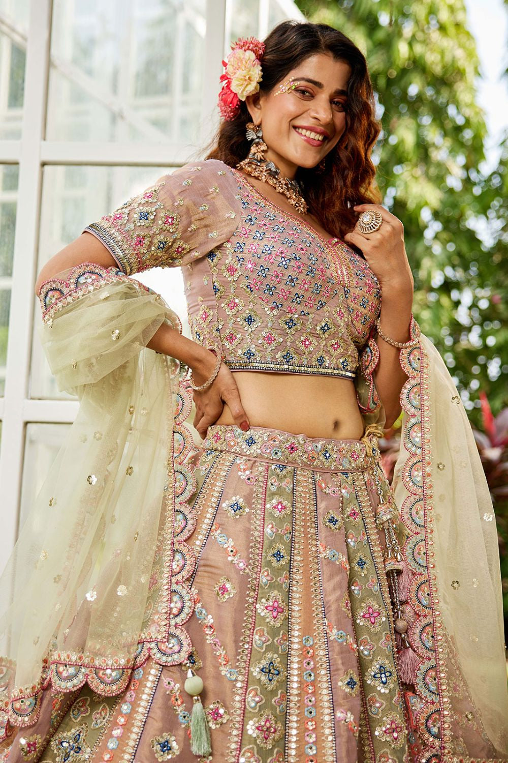 Peach Net Bridal Wedding Designer Lehenga Set SFROY509103