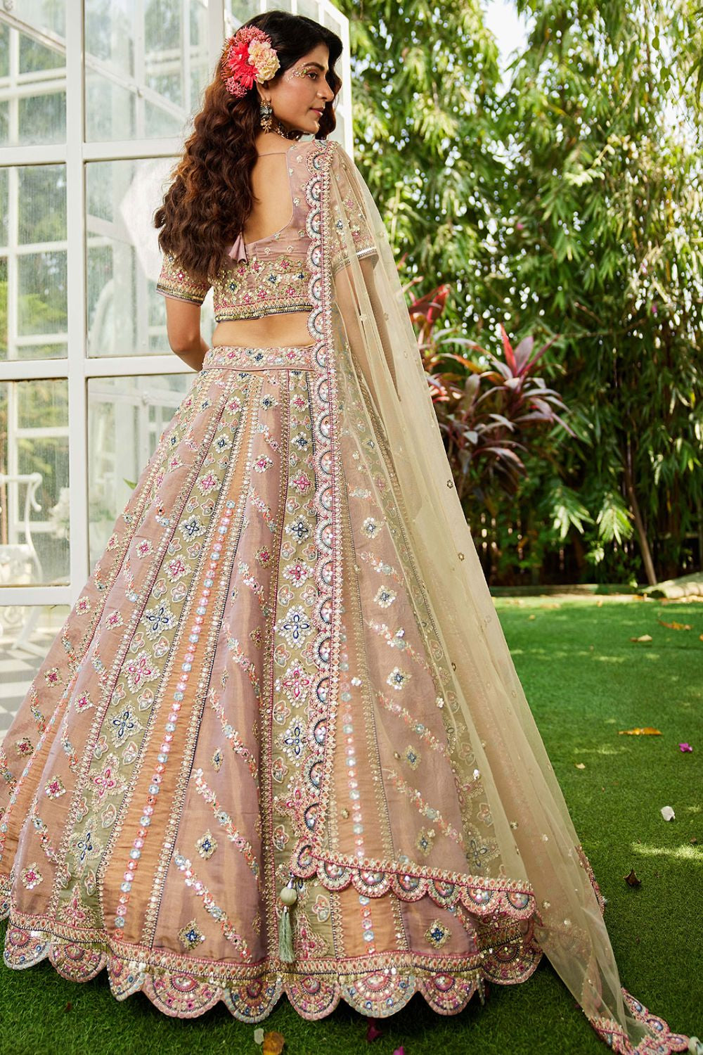Peach Net Bridal Wedding Designer Lehenga Set SFROY509103