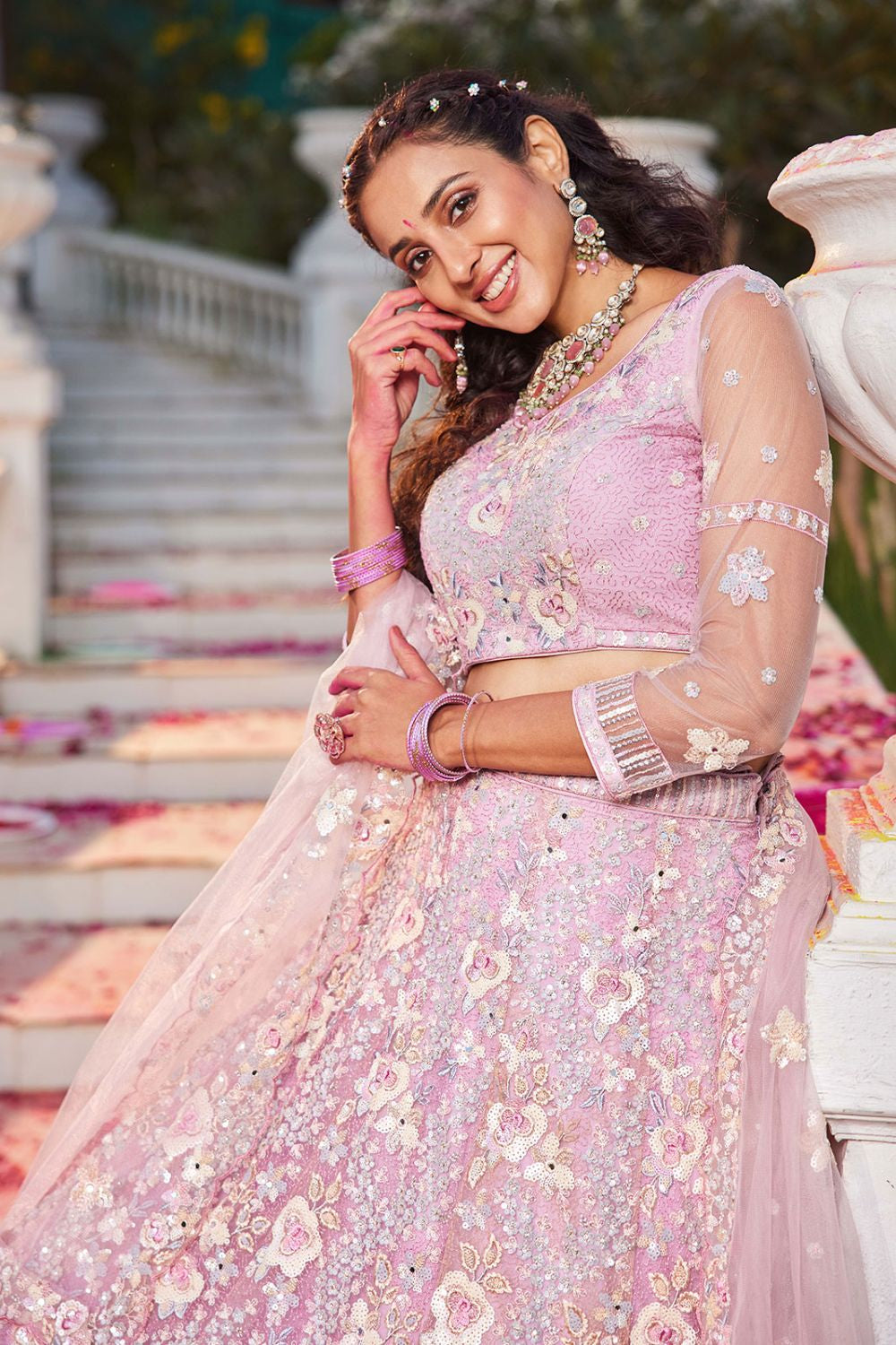 Pink Net Bridal Wedding Designer Lehenga Set SFROY509106