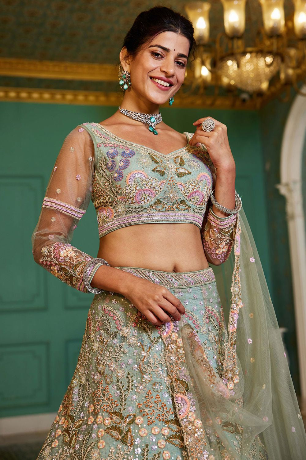 Green Net Bridal Wedding Designer Lehenga Set SFROY509109