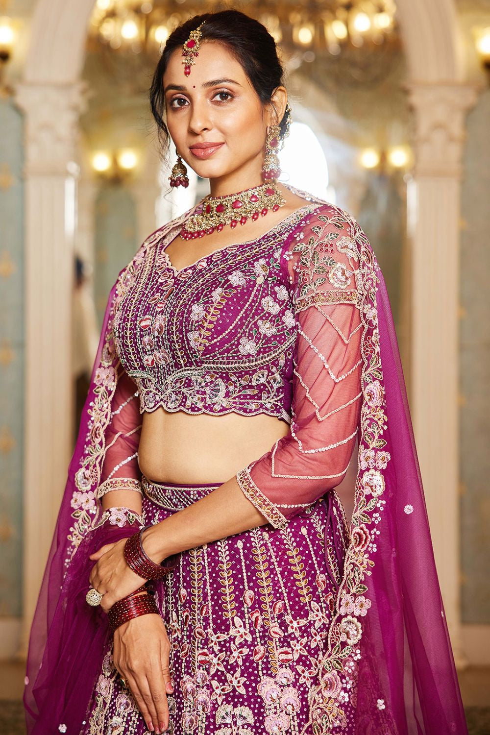 Burgundy Net Bridal Wedding Designer Lehenga Set SFROY509113