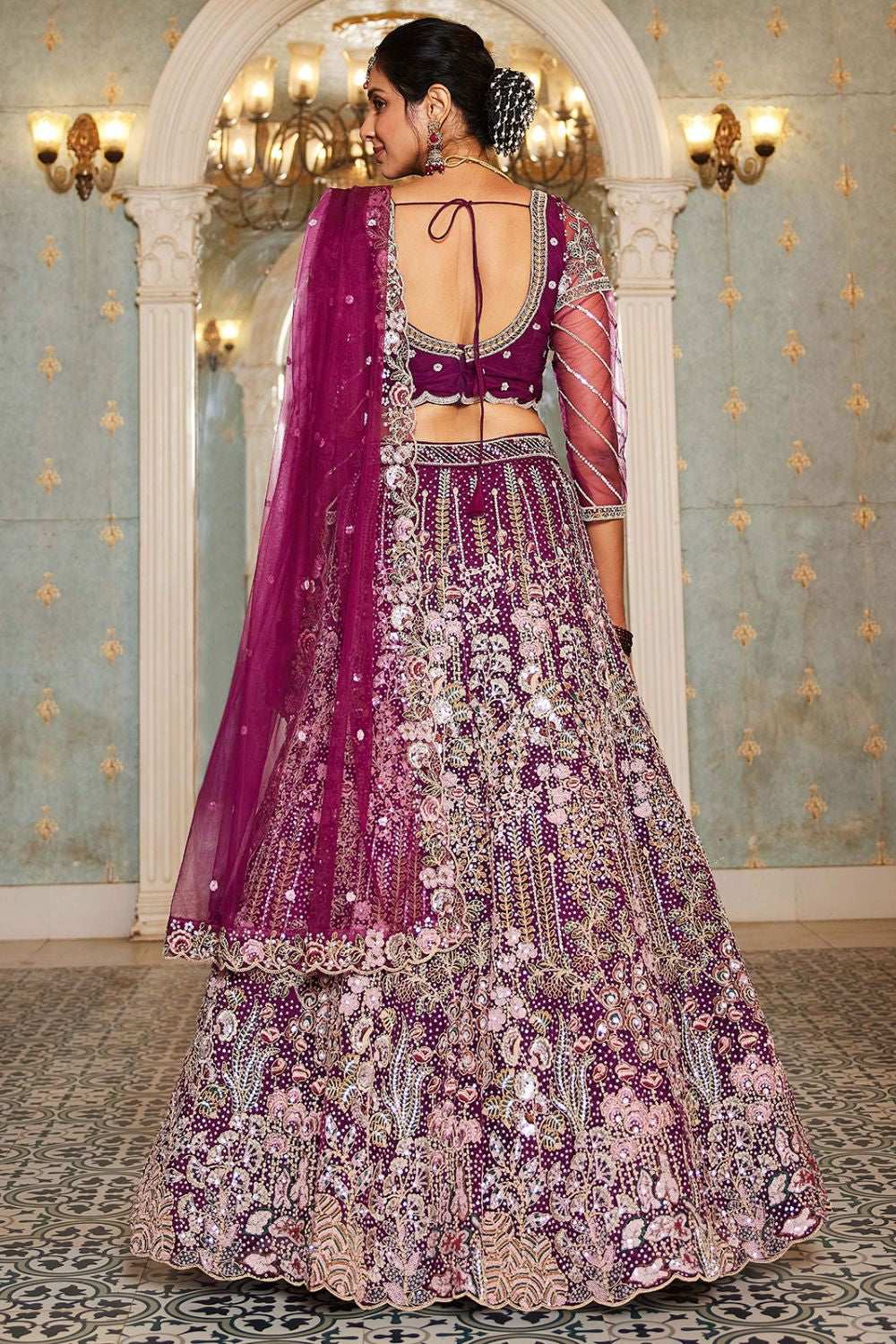 Burgundy Net Bridal Wedding Designer Lehenga Set SFROY509113