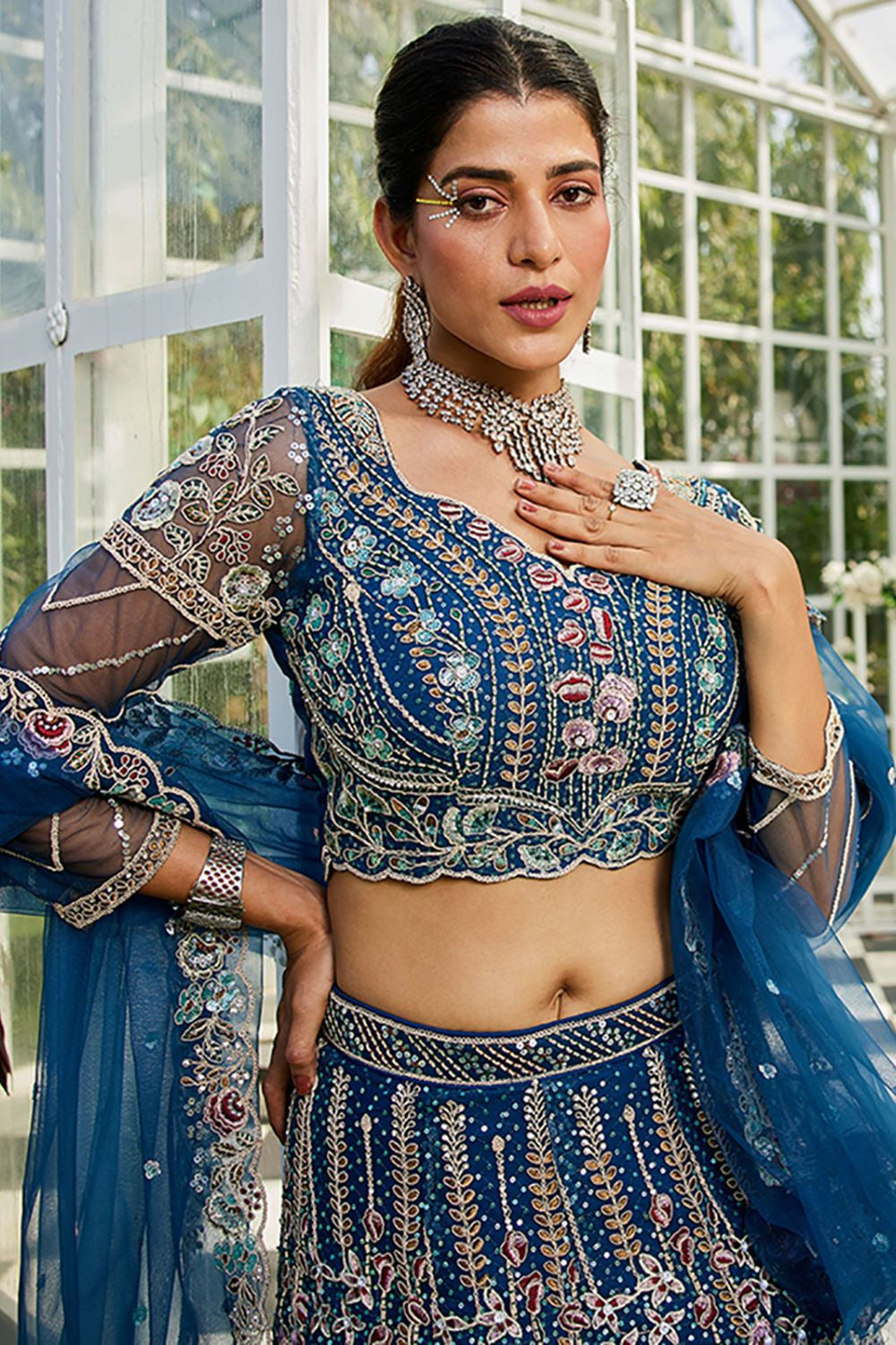 Blue Net Bridal Wedding Designer Lehenga SFROY509117