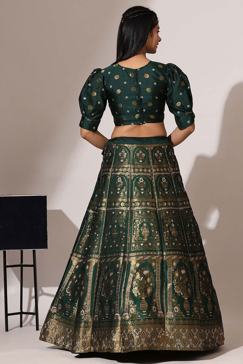 Green Jacquard Navratri Lehenga Choli In Zari Work SFROY537101