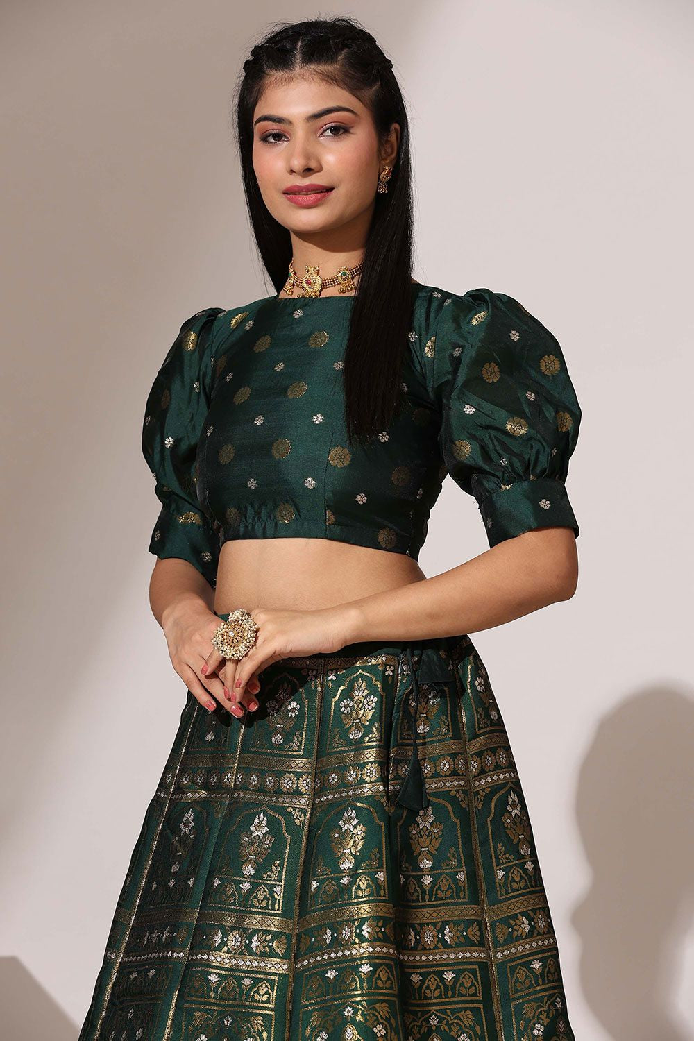 Green Jacquard Navratri Lehenga Choli In Zari Work SFROY537101