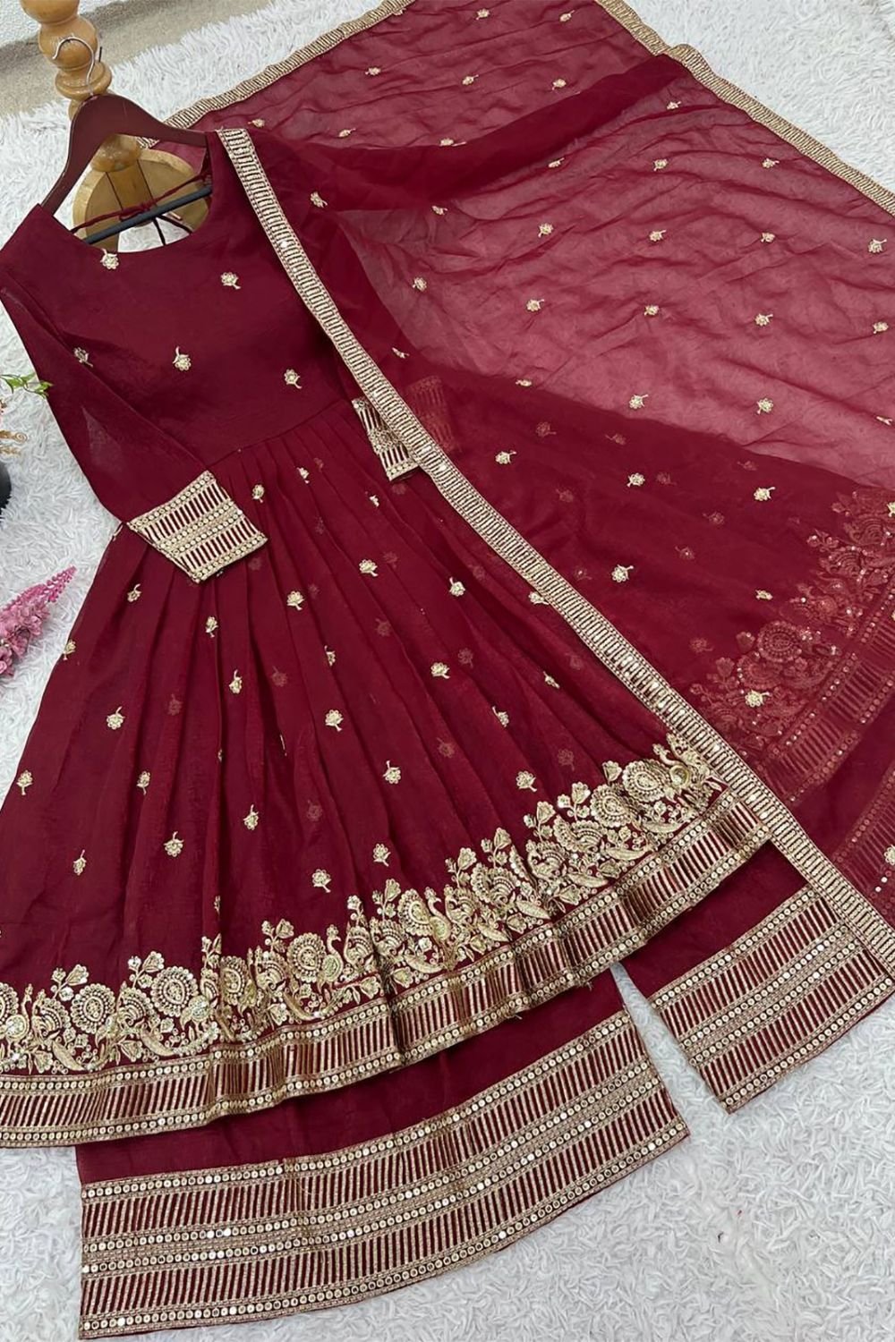 Captivating Maroon Heavy Silk Salwar Kameez Heavy Sequins SFROY544501R